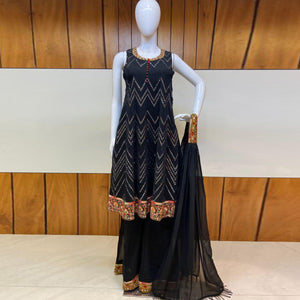 Black Partywear Designer Embroidery Georgette Palazzo Suit - Peachmode