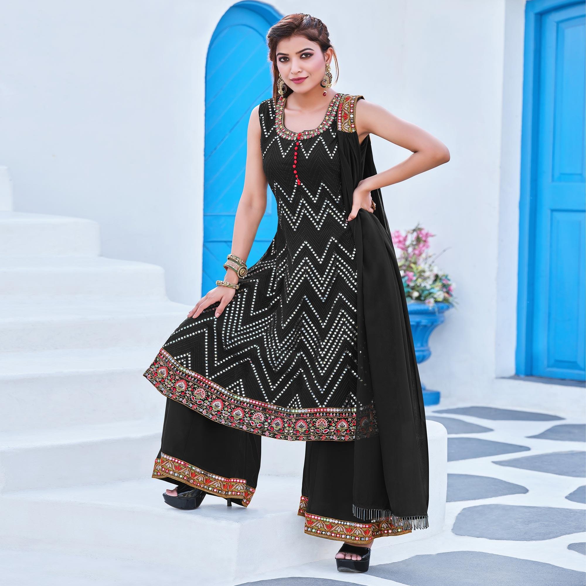 Black Partywear Designer Embroidery Georgette Palazzo Suit - Peachmode