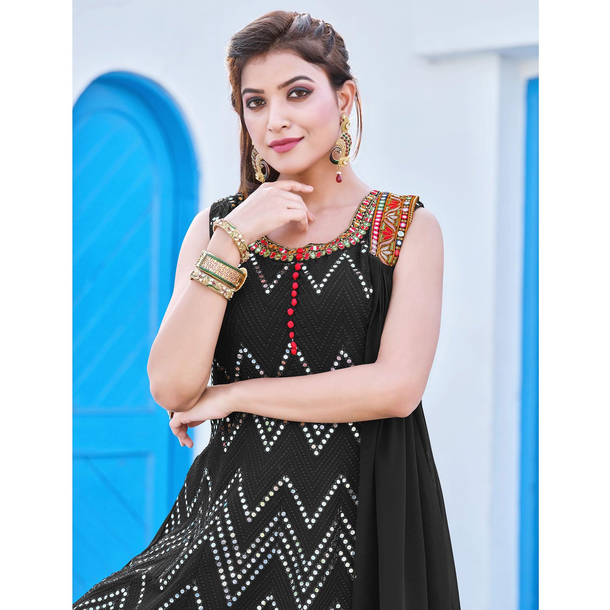 Black Partywear Designer Embroidery Georgette Palazzo Suit - Peachmode