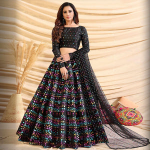 Black Partywear Designer Pigment Foil Printed Tafetta Silk Lehenga Choli - Peachmode
