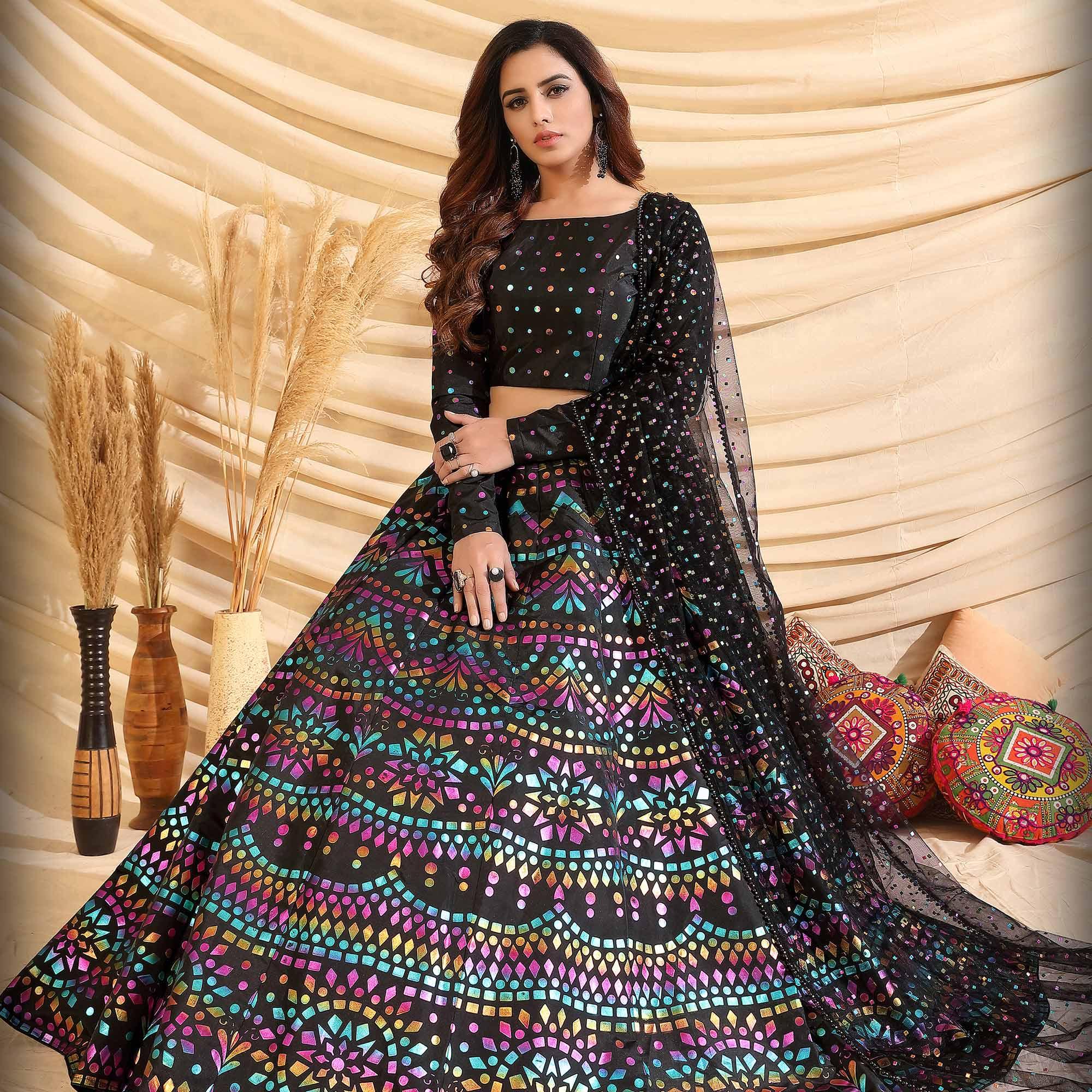 Black Partywear Designer Pigment Foil Printed Tafetta Silk Lehenga Choli - Peachmode