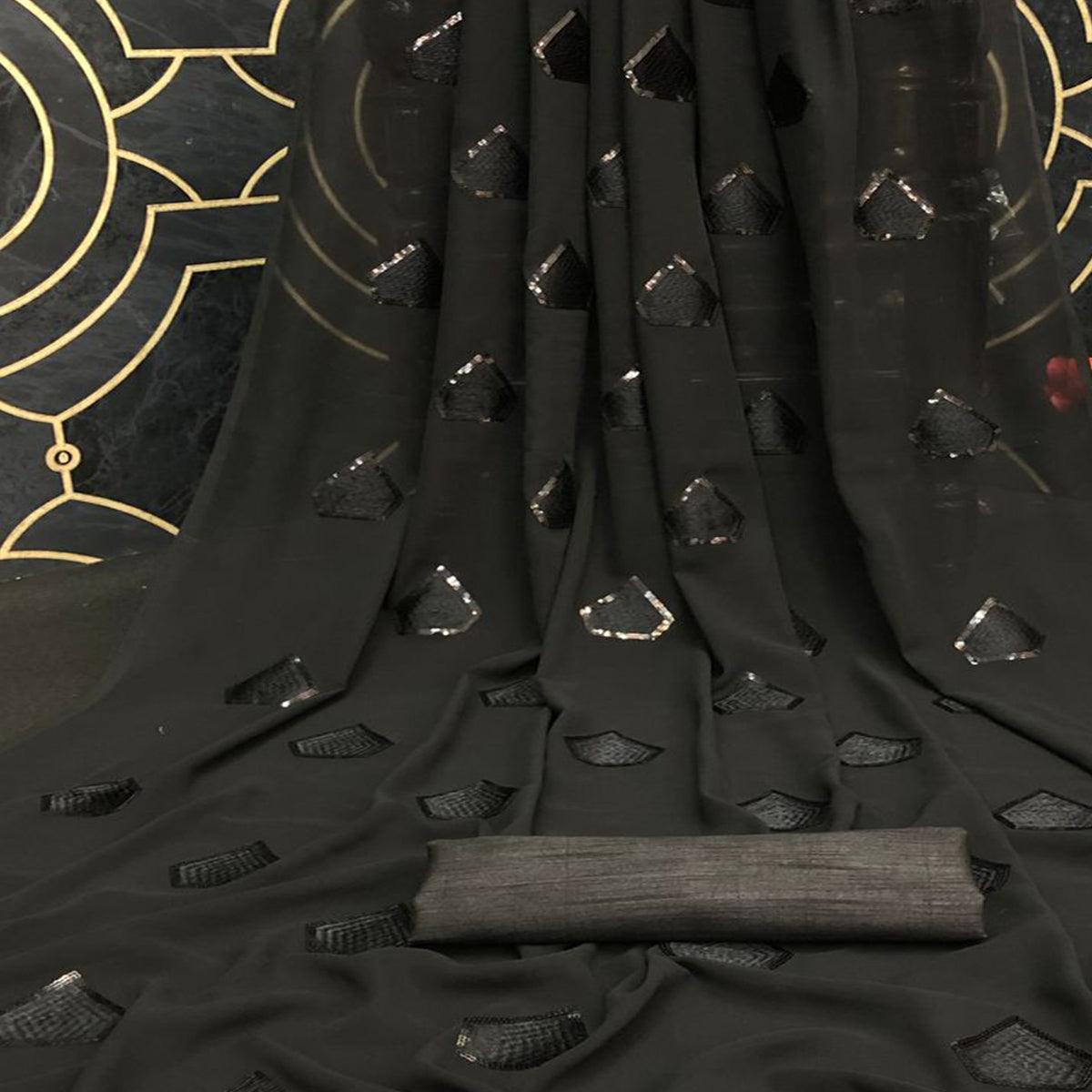 Black Partywear Diamond Sequence Georgette Saree - Peachmode