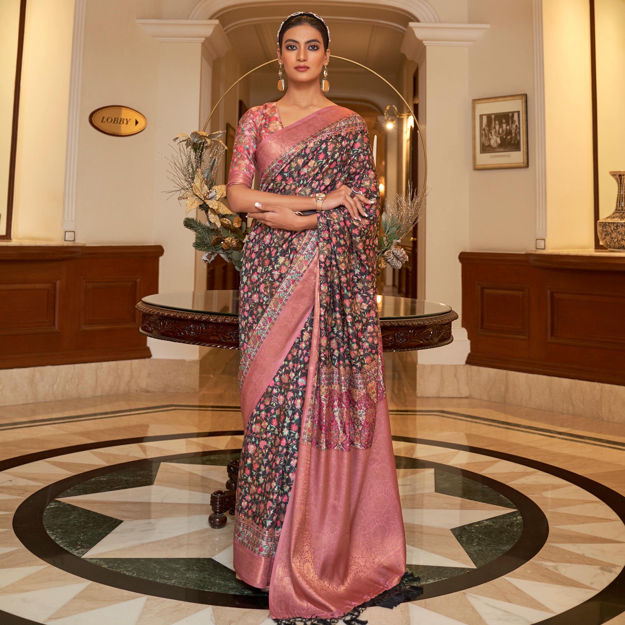 Black Partywear Digital Printed Silk Saree - Peachmode