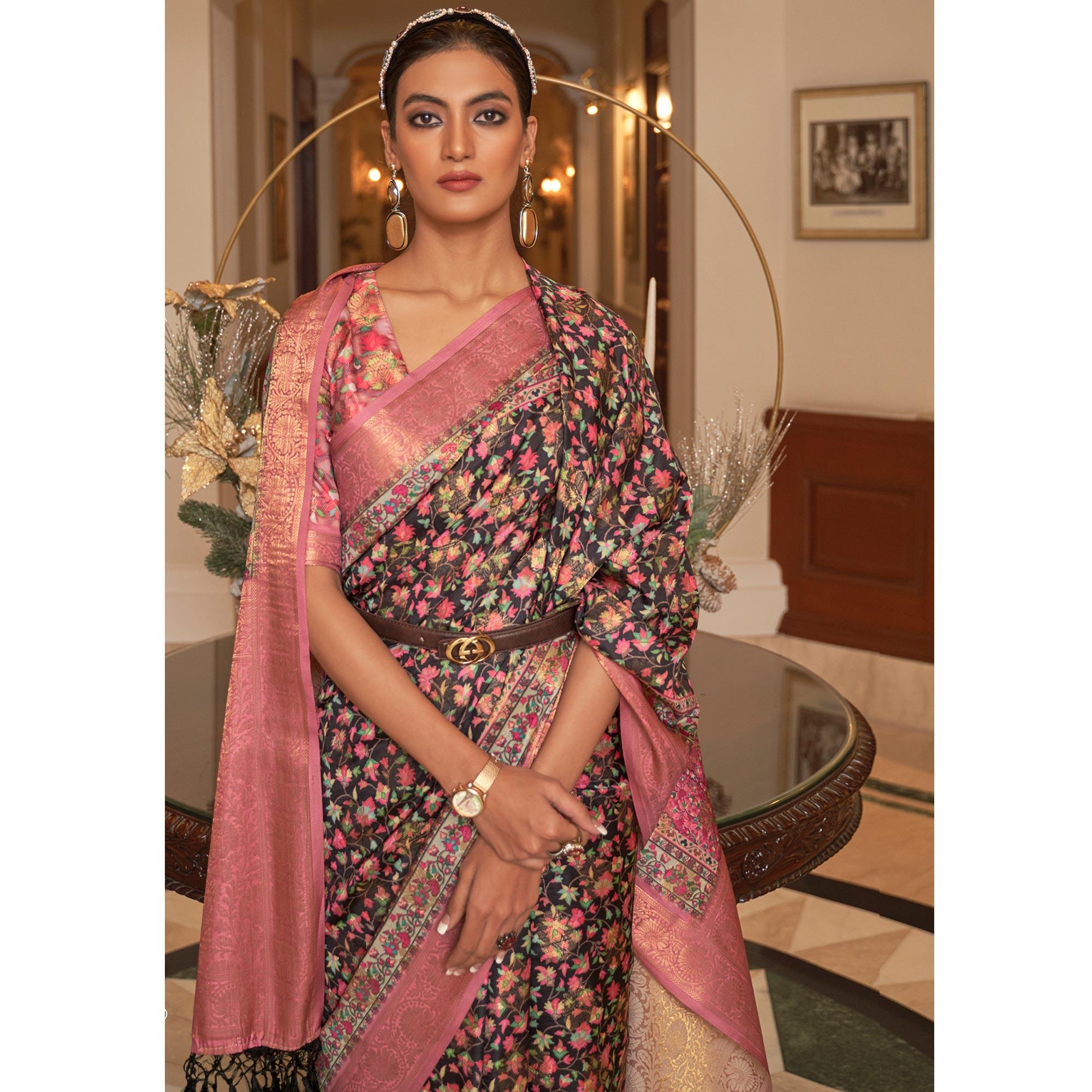 Black Partywear Digital Printed Silk Saree - Peachmode