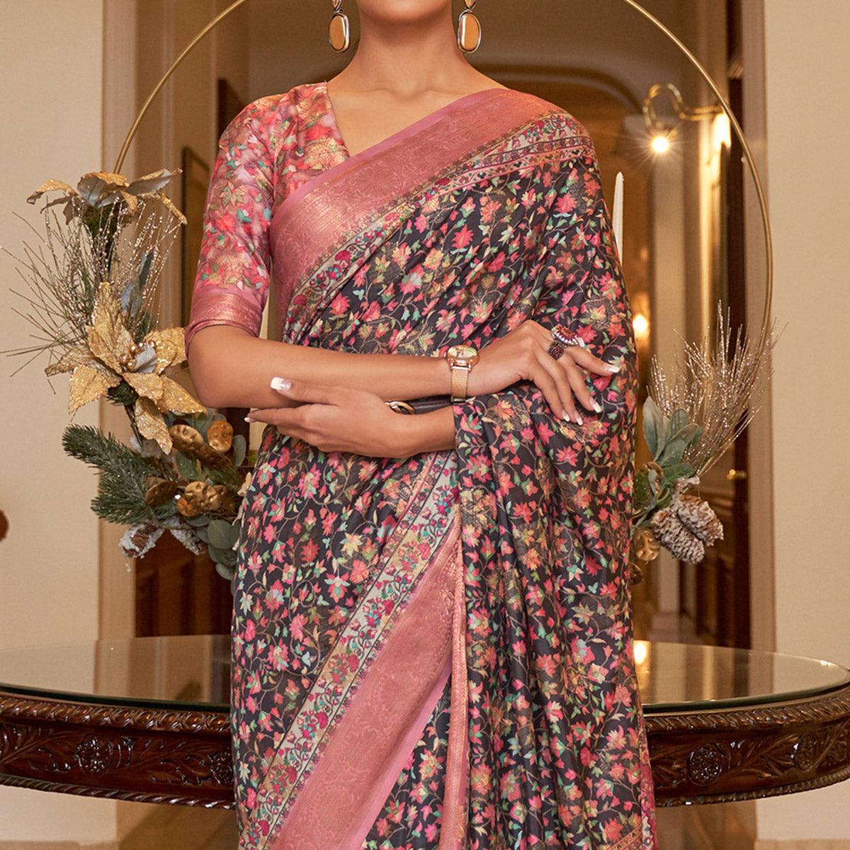 Black Partywear Digital Printed Silk Saree - Peachmode