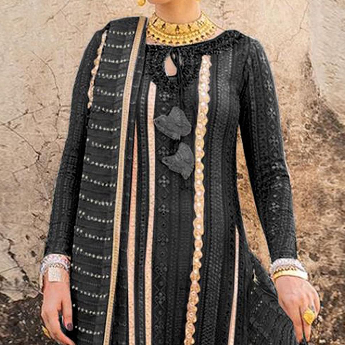 Black Partywear Embellished & Embroidered Georgette Anarkali Suit - Peachmode