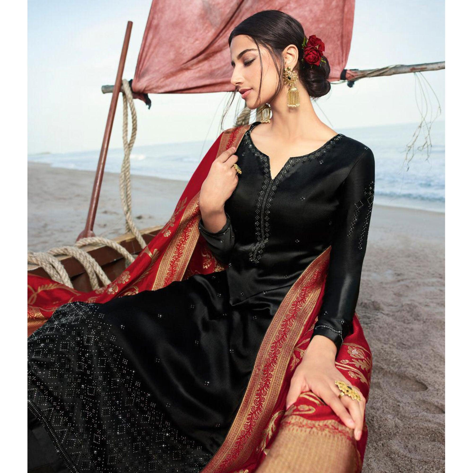 Black Partywear Embellished Georgette Suit - Peachmode