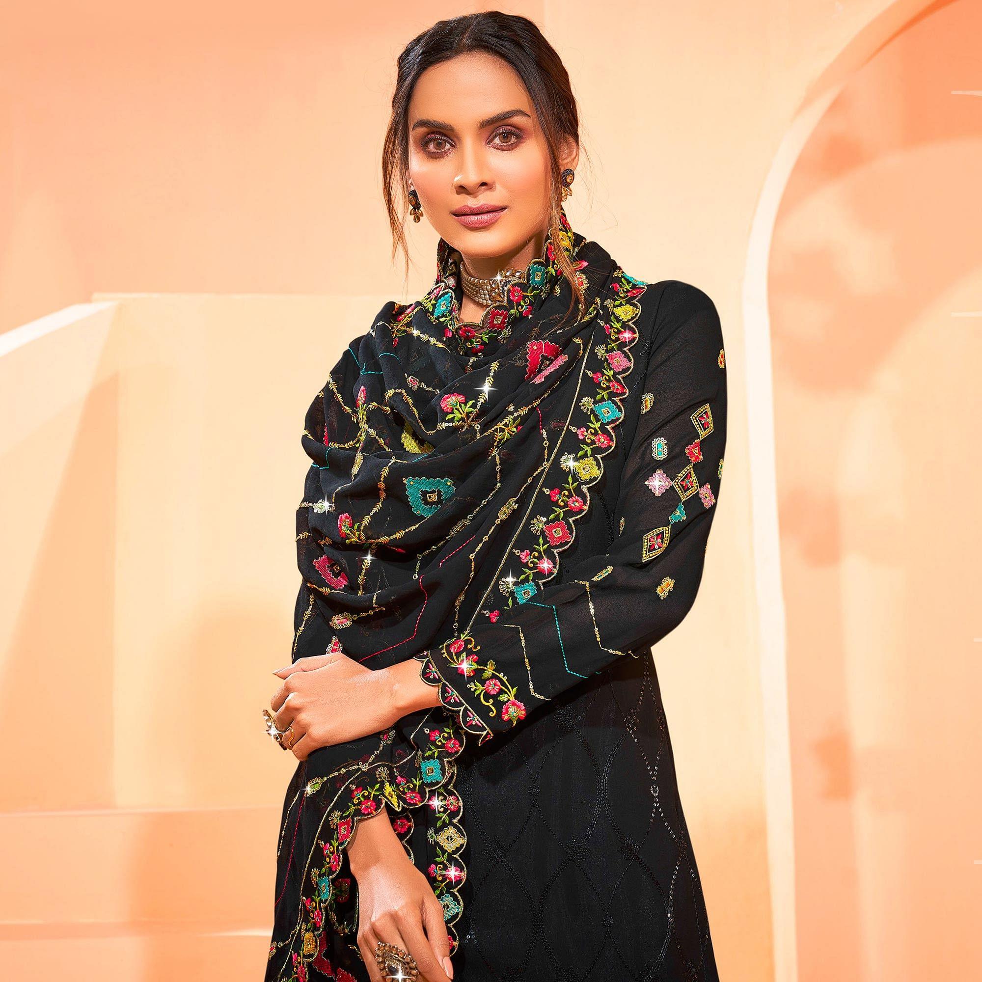 Black Partywear Embellished With Embroidered Georgette Palazzo Suit - Peachmode