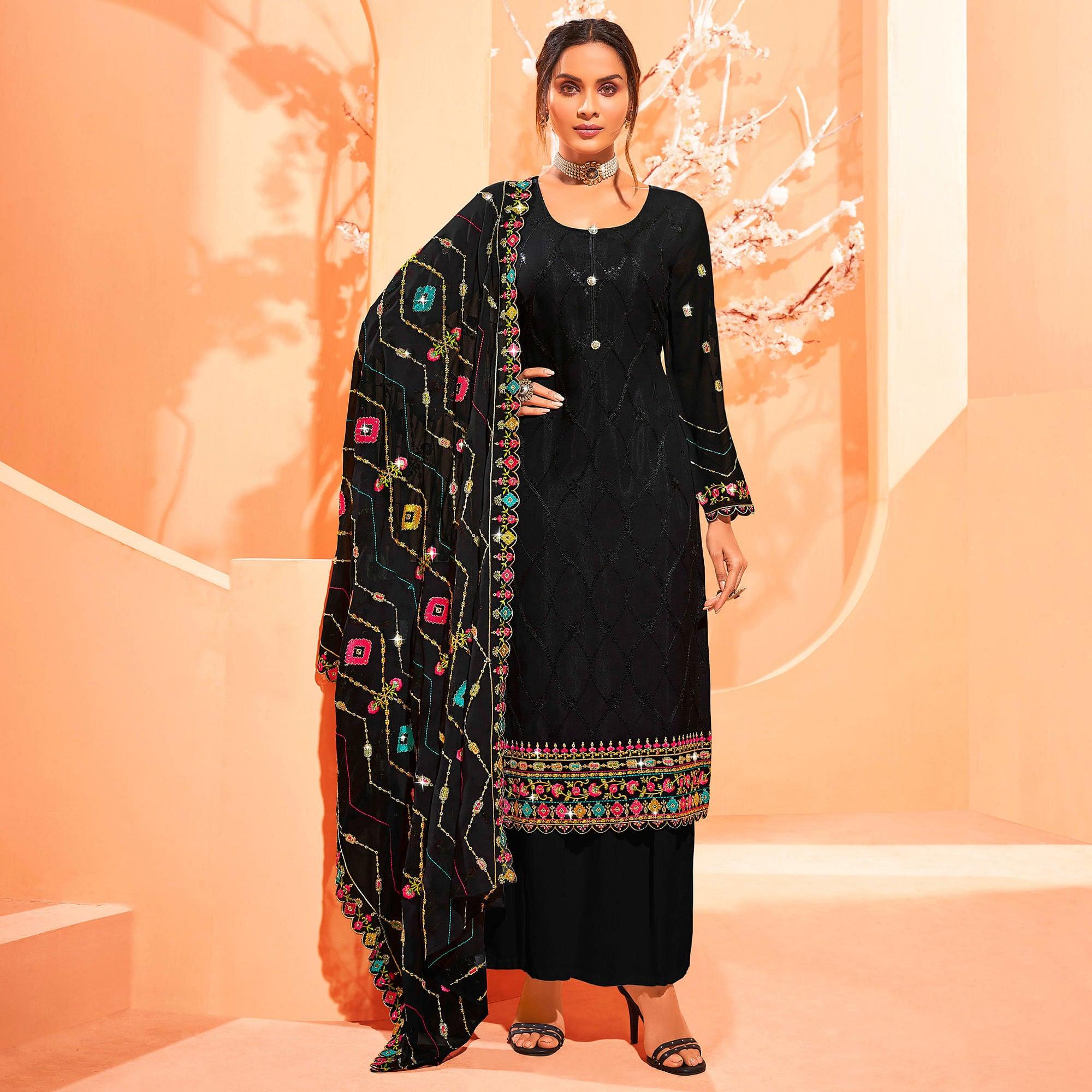 Black Partywear Embellished With Embroidered Georgette Palazzo Suit - Peachmode