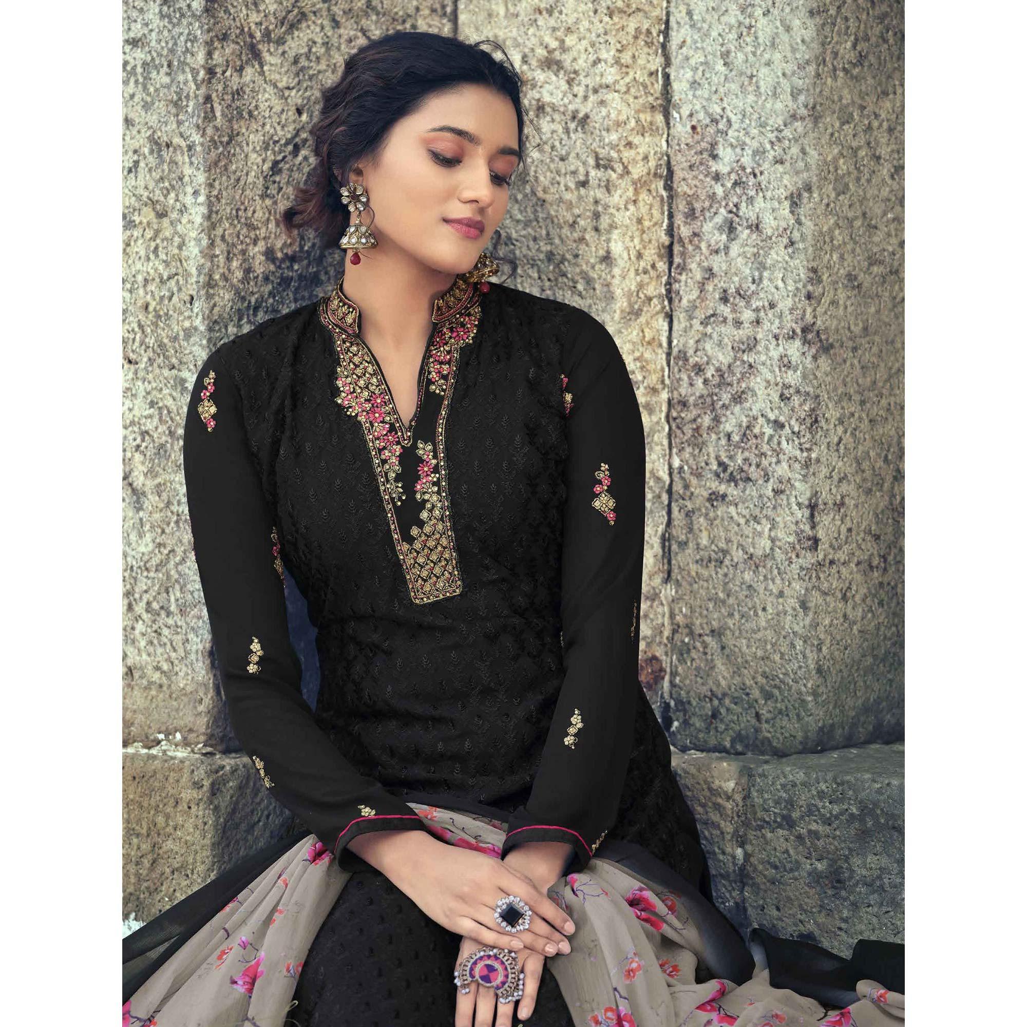 Black Partywear Embroidered & Embellished Faux Georgette Salwar Suit - Peachmode