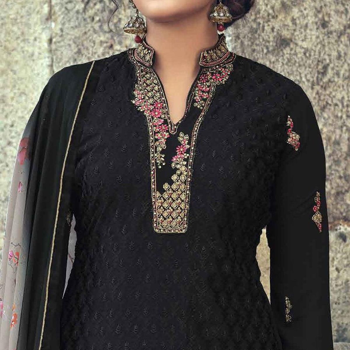 Black Partywear Embroidered & Embellished Faux Georgette Salwar Suit - Peachmode