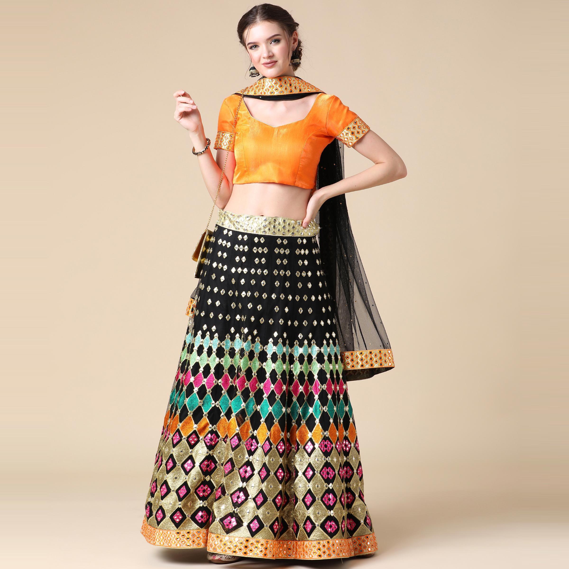 Black Partywear Embroidered & Mirror Work Heavy Soft Net Lehenga - Peachmode