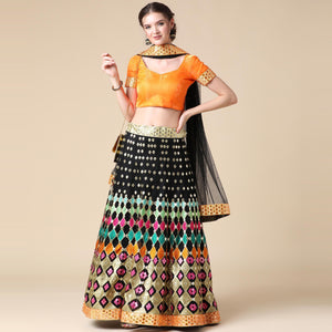 Black Partywear Embroidered & Mirror Work Heavy Soft Net Lehenga - Peachmode