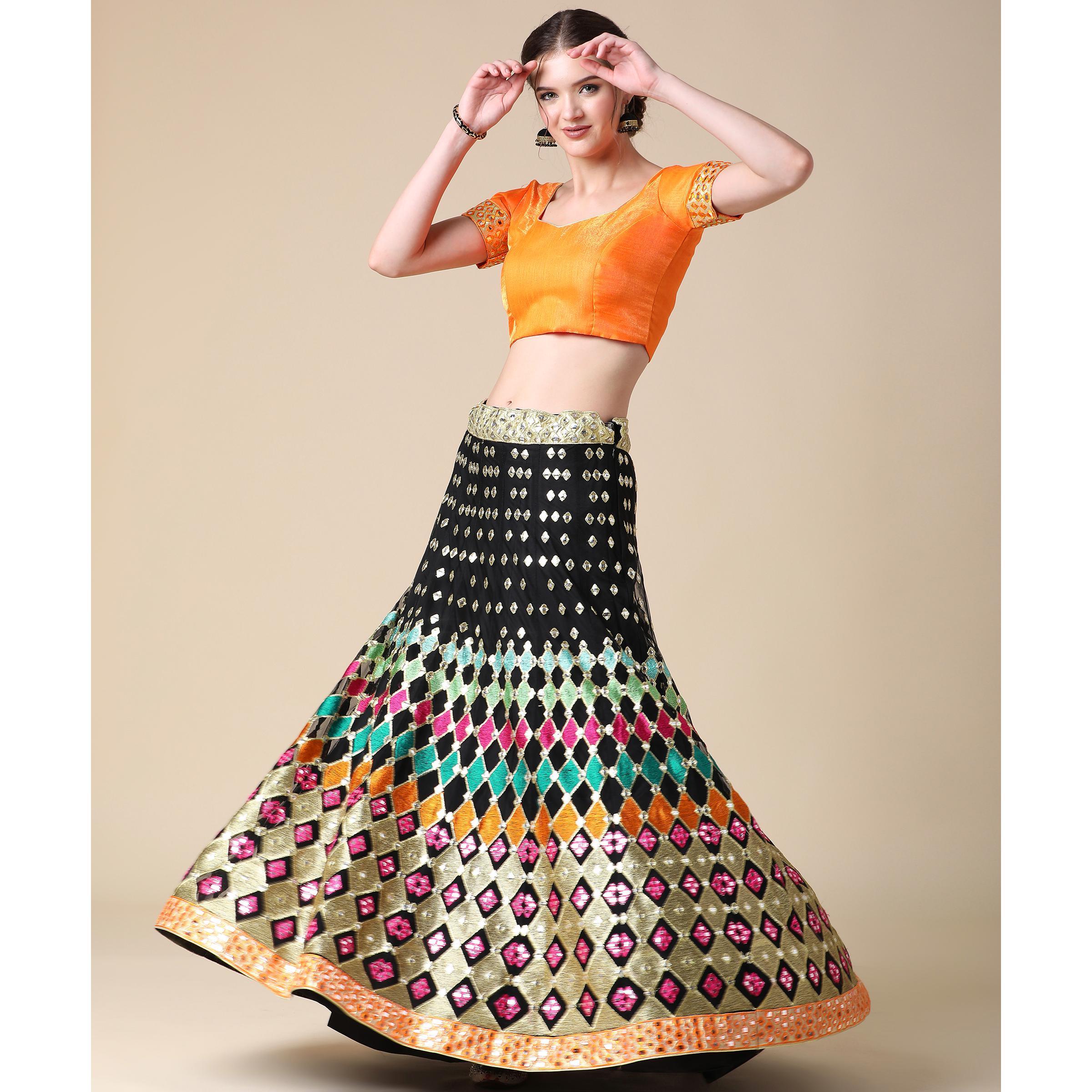 Black Partywear Embroidered & Mirror Work Heavy Soft Net Lehenga - Peachmode