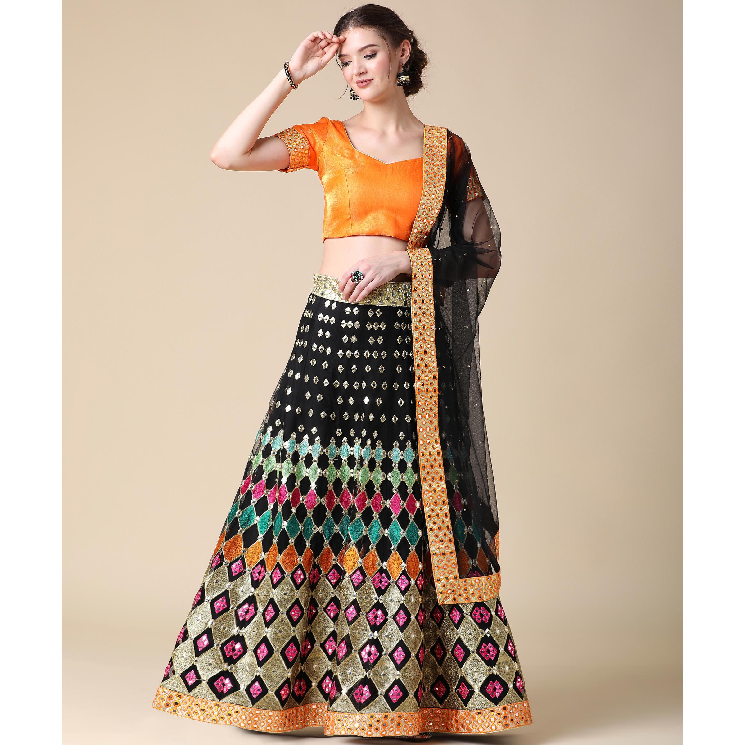 Black Partywear Embroidered & Mirror Work Heavy Soft Net Lehenga - Peachmode