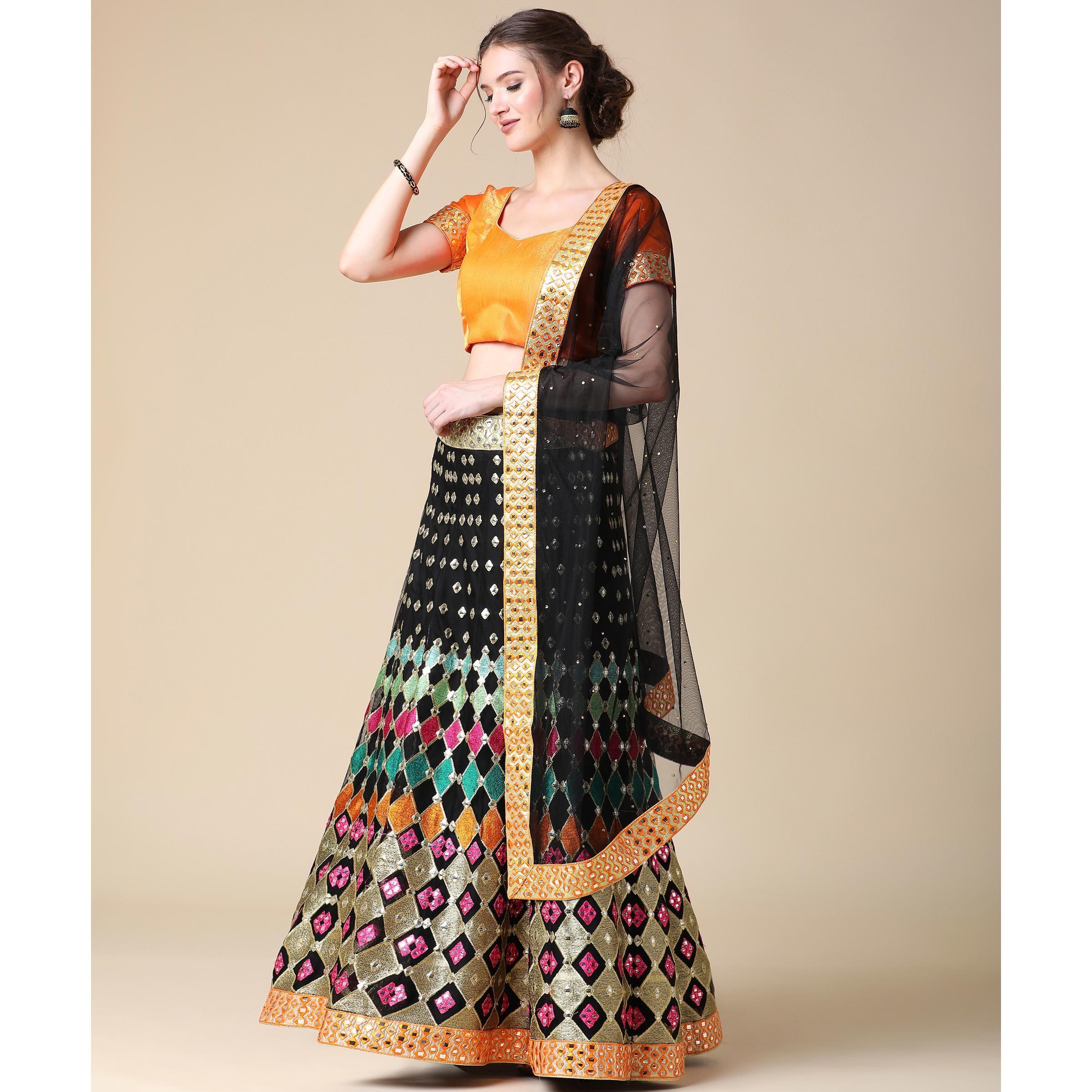 Black Partywear Embroidered & Mirror Work Heavy Soft Net Lehenga - Peachmode