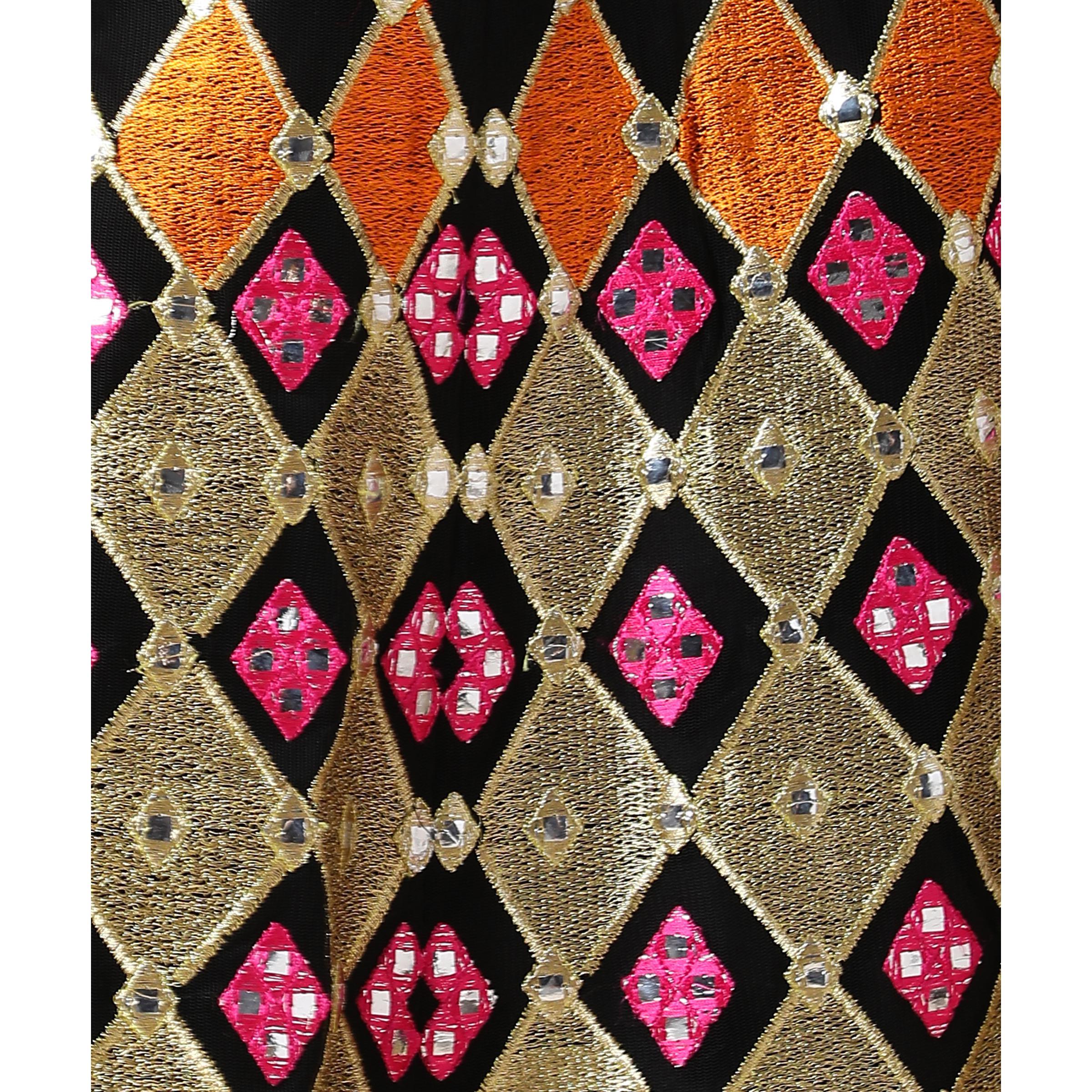 Black Partywear Embroidered & Mirror Work Heavy Soft Net Lehenga - Peachmode