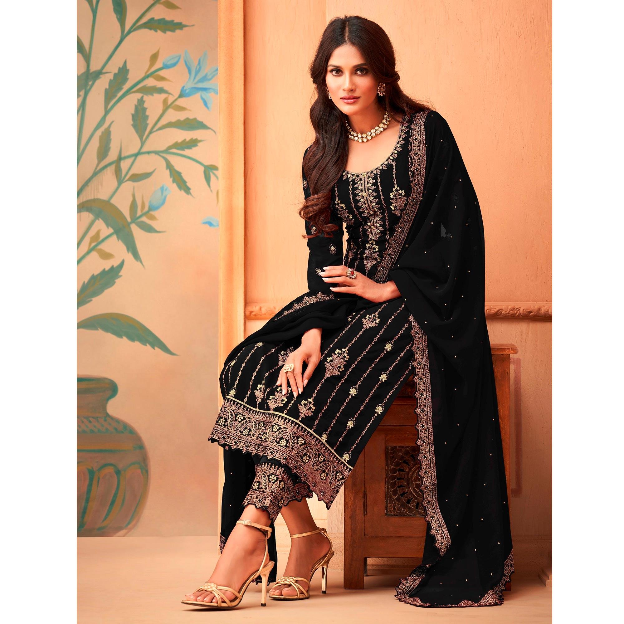 Black Partywear Embroidered & Sequence Work Faux Georgette Salwar Suit - Peachmode