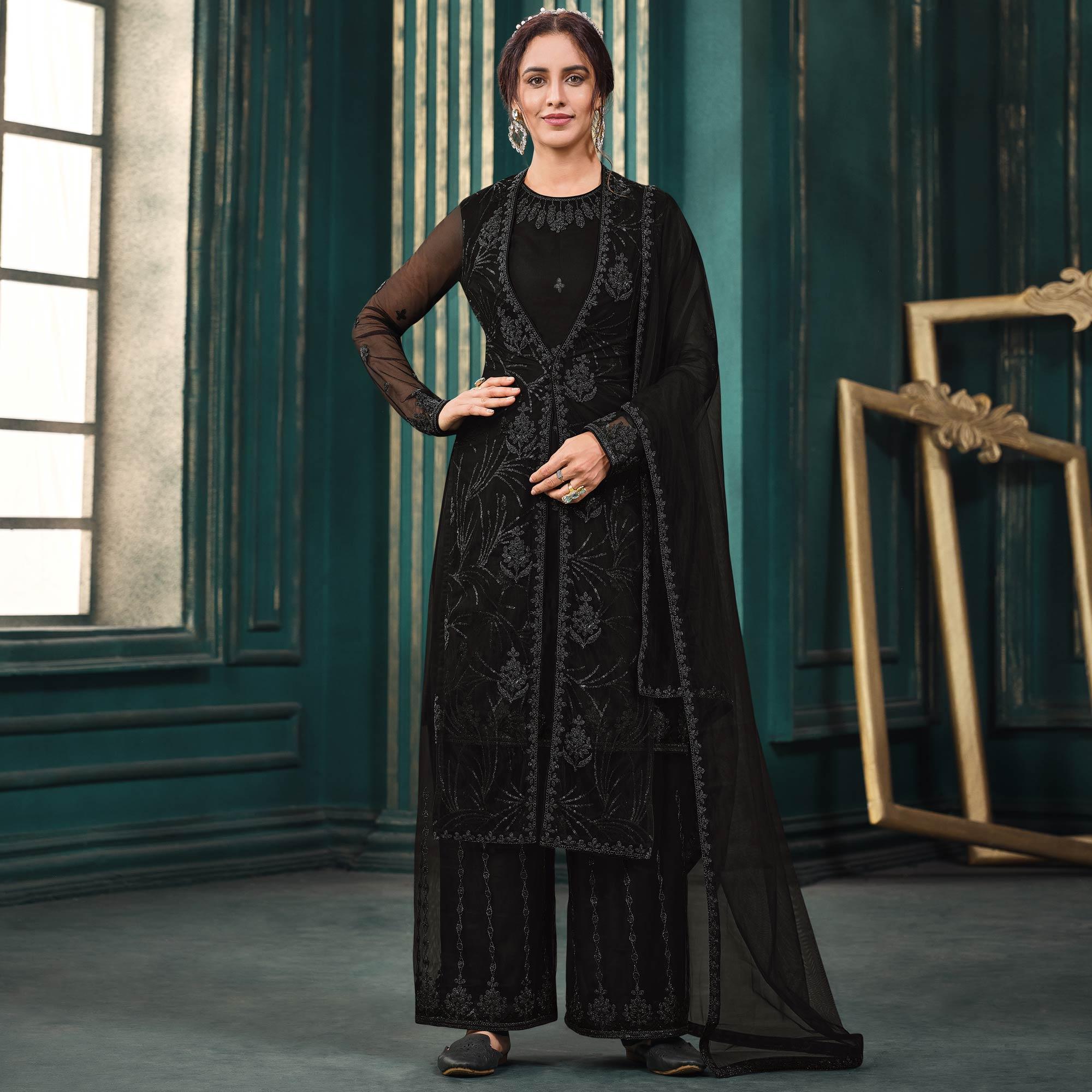 Black Partywear Embroidered Butterfly Net Kurti Palazzo Suit - Peachmode
