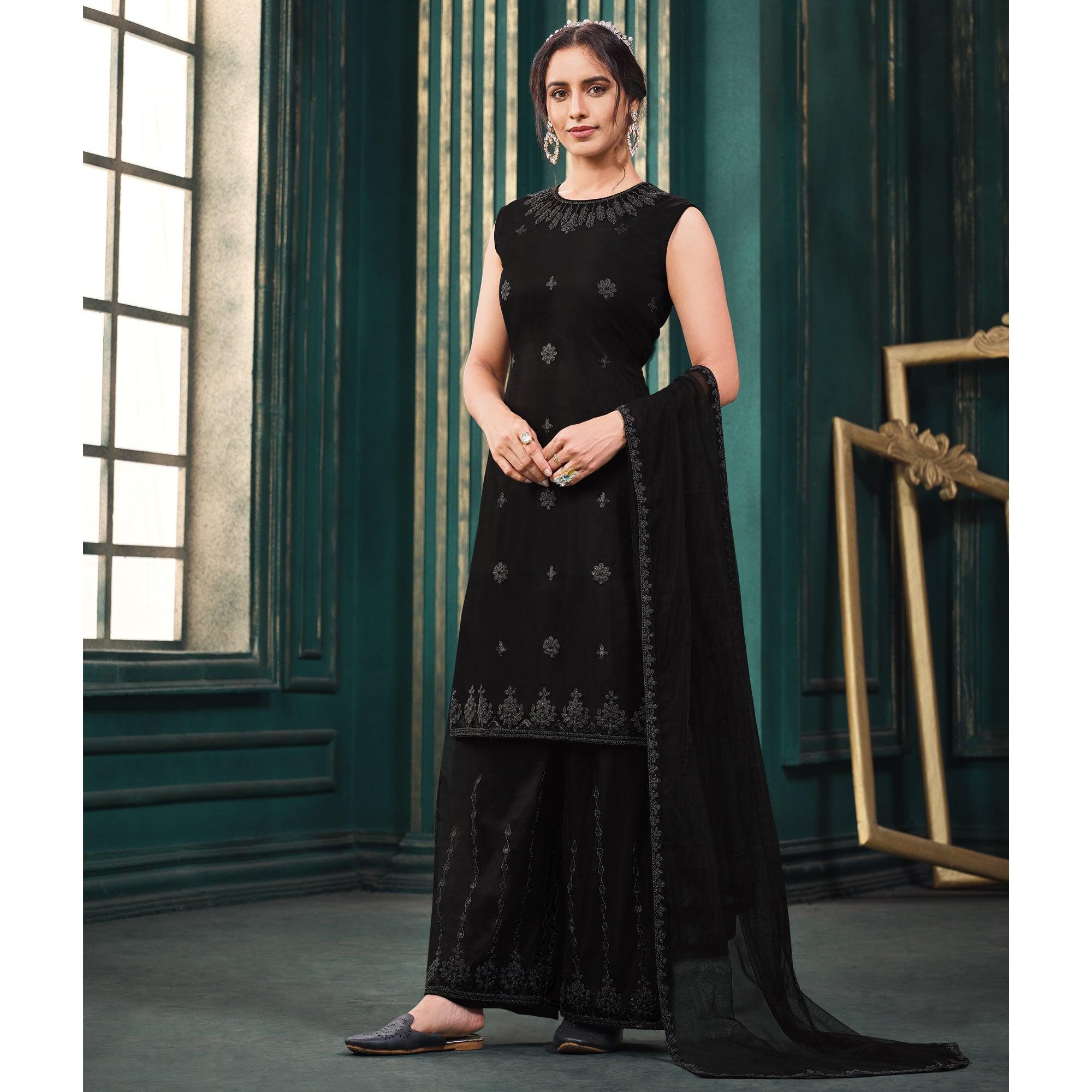 Black Partywear Embroidered Butterfly Net Kurti Palazzo Suit - Peachmode