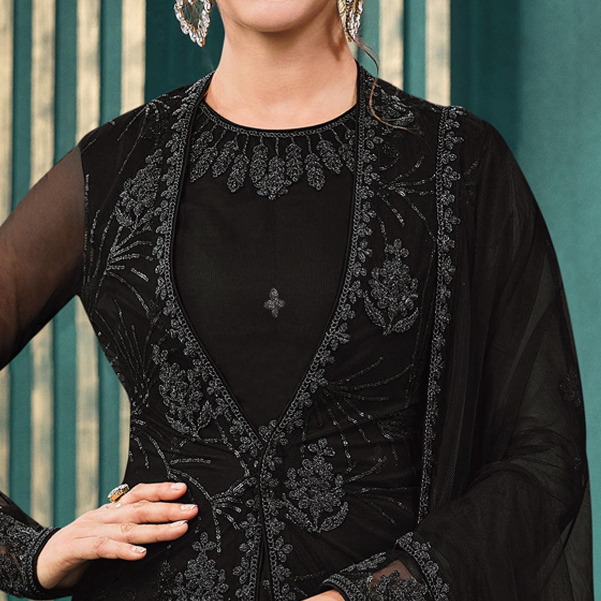 Black Partywear Embroidered Butterfly Net Kurti Palazzo Suit - Peachmode
