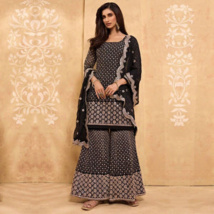 Black Partywear Embroidered Faux Georgette Palazzo Suit - Peachmode