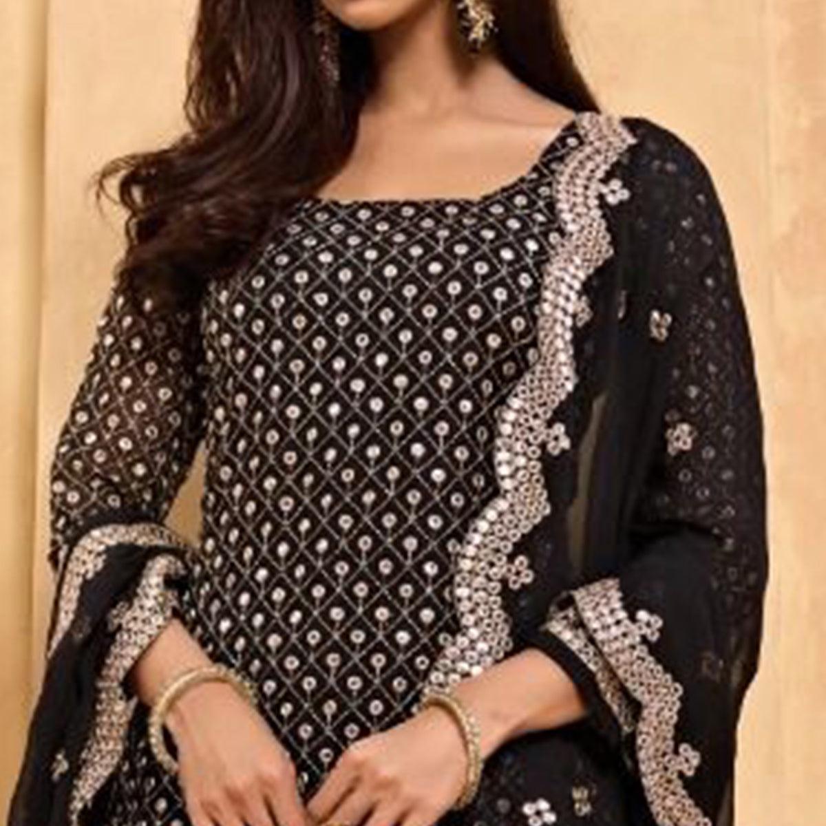 Black Partywear Embroidered Faux Georgette Palazzo Suit - Peachmode