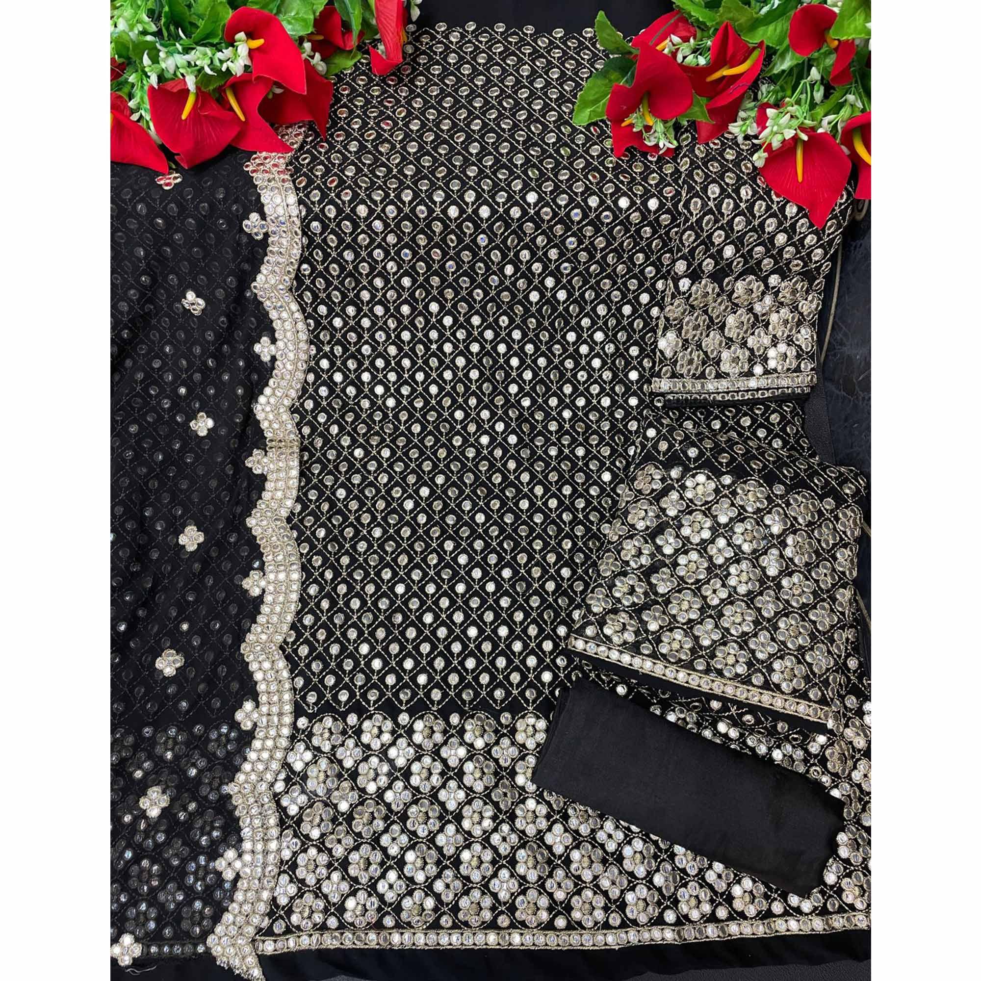 Black Partywear Embroidered Faux Georgette Palazzo Suit - Peachmode