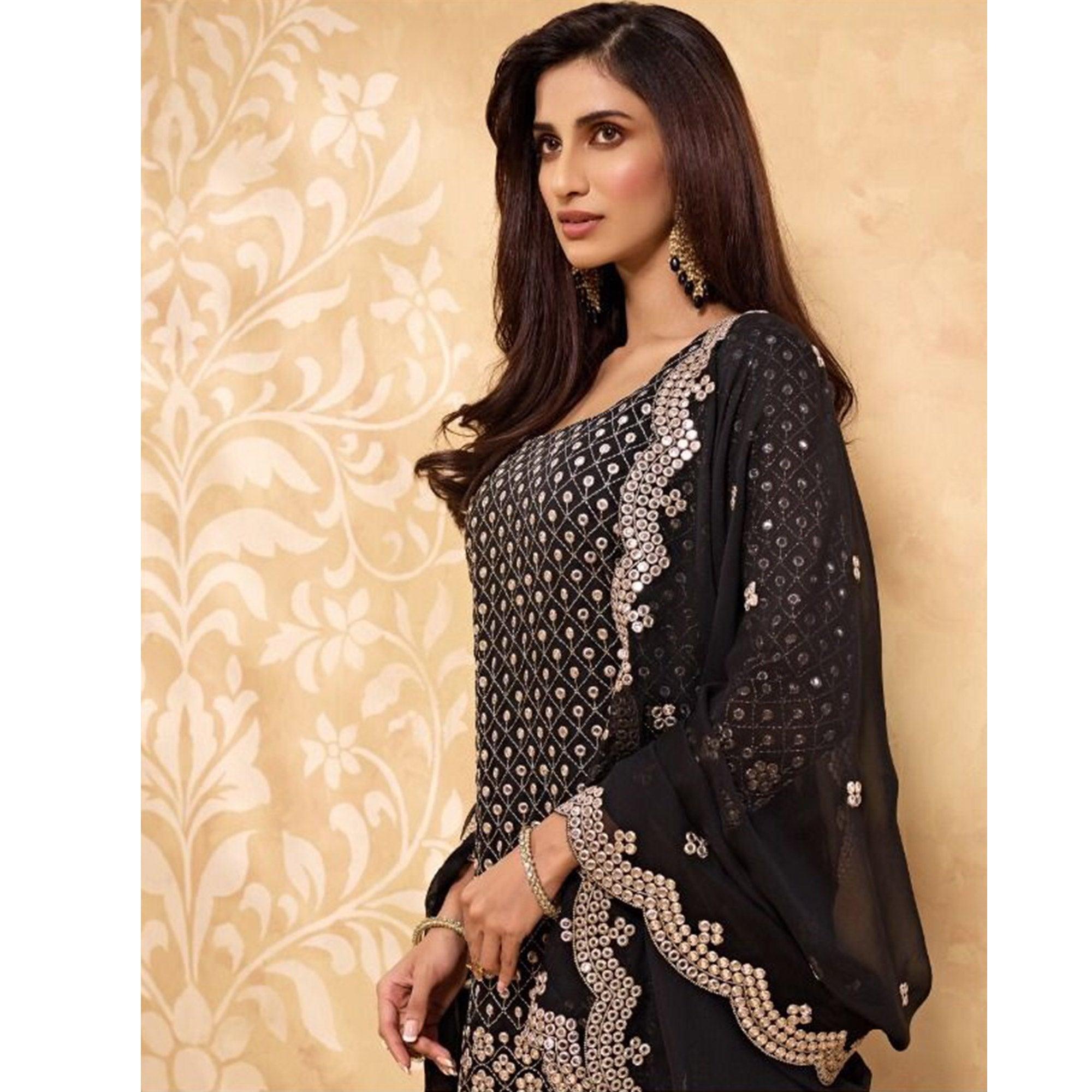 Black Partywear Embroidered Faux Georgette Palazzo Suit - Peachmode