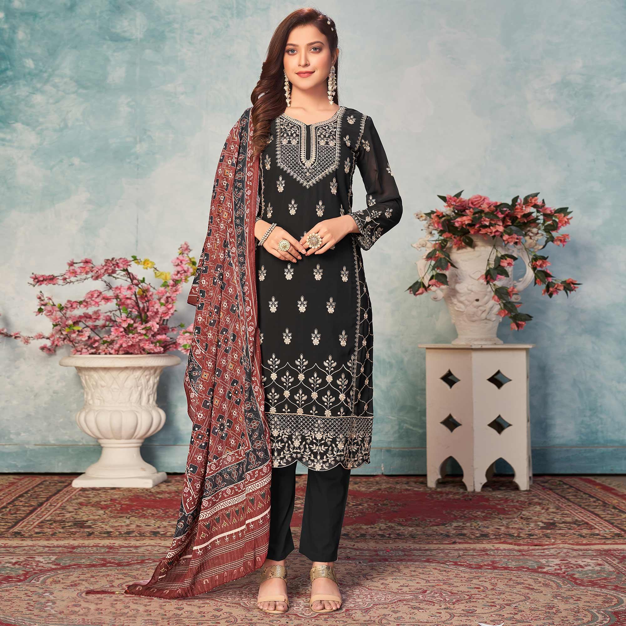 Black Partywear Embroidered Faux Georgette Salwar Suit - Peachmode