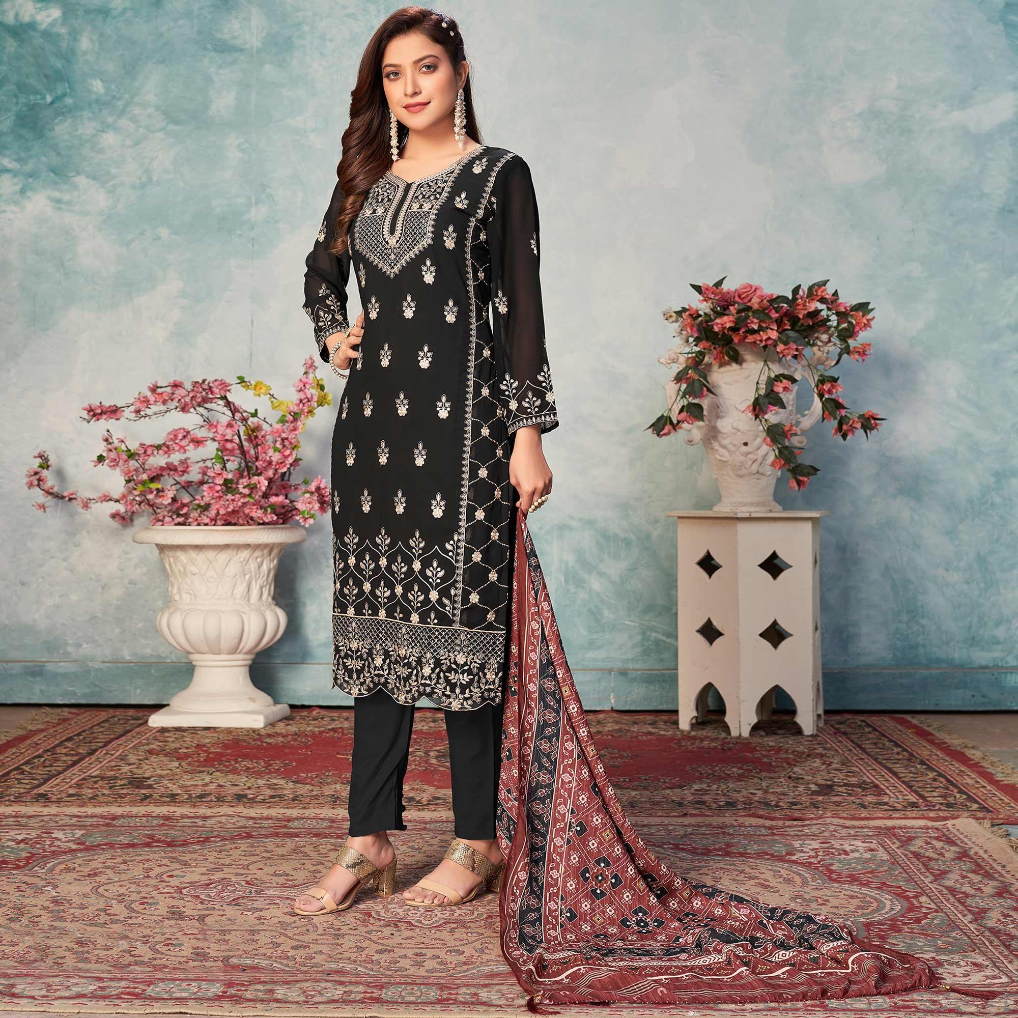 Black Partywear Embroidered Faux Georgette Salwar Suit - Peachmode