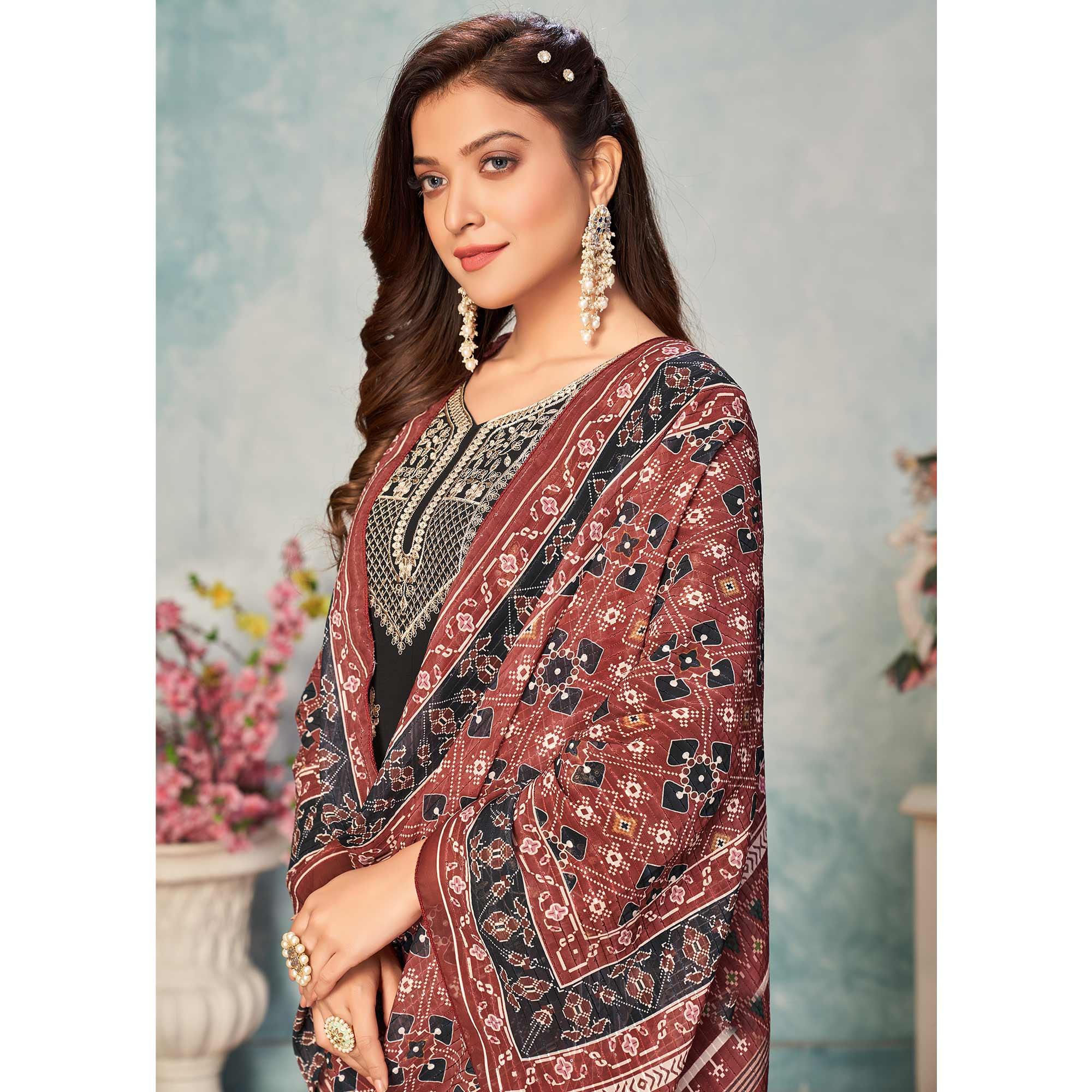 Black Partywear Embroidered Faux Georgette Salwar Suit - Peachmode