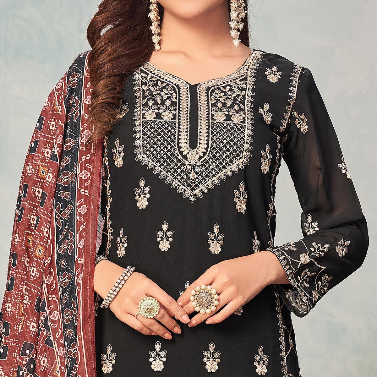 Black Partywear Embroidered Faux Georgette Salwar Suit - Peachmode