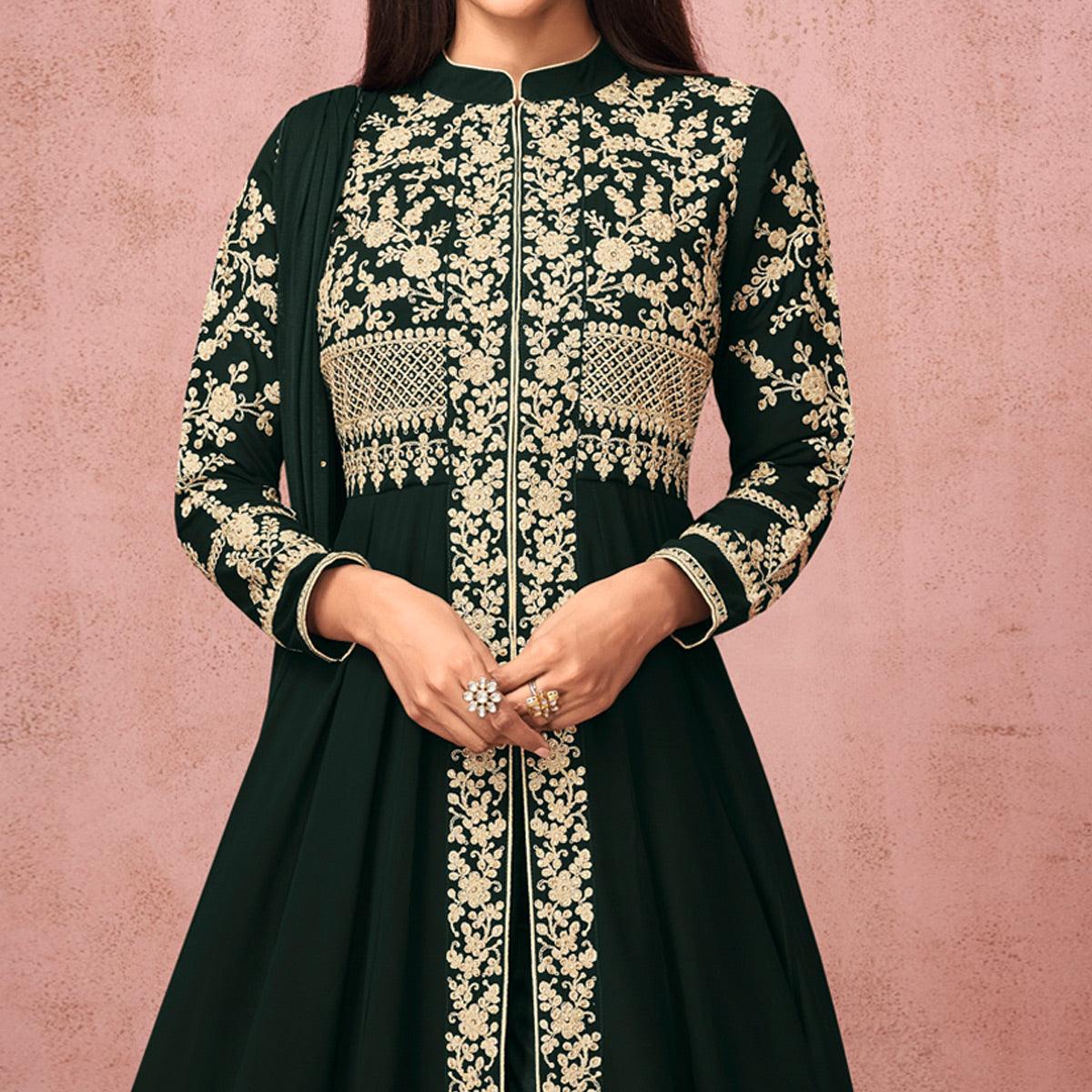Black Partywear Embroidered Georgette Anarkali Suit - Peachmode