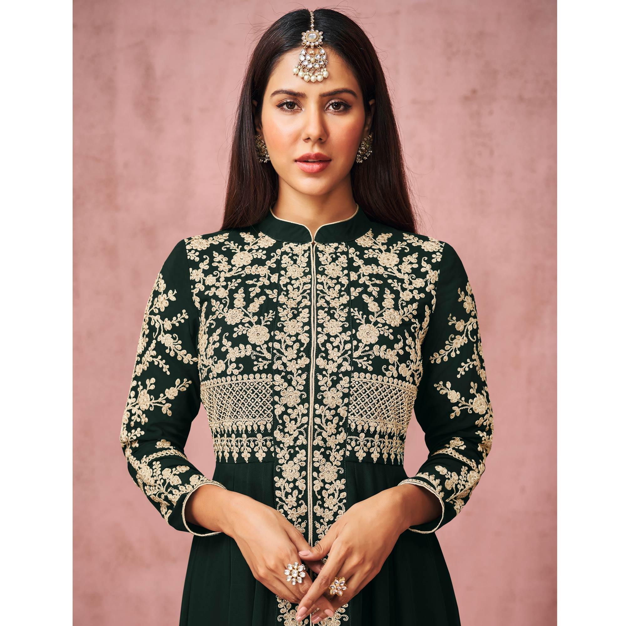 Black Partywear Embroidered Georgette Anarkali Suit - Peachmode