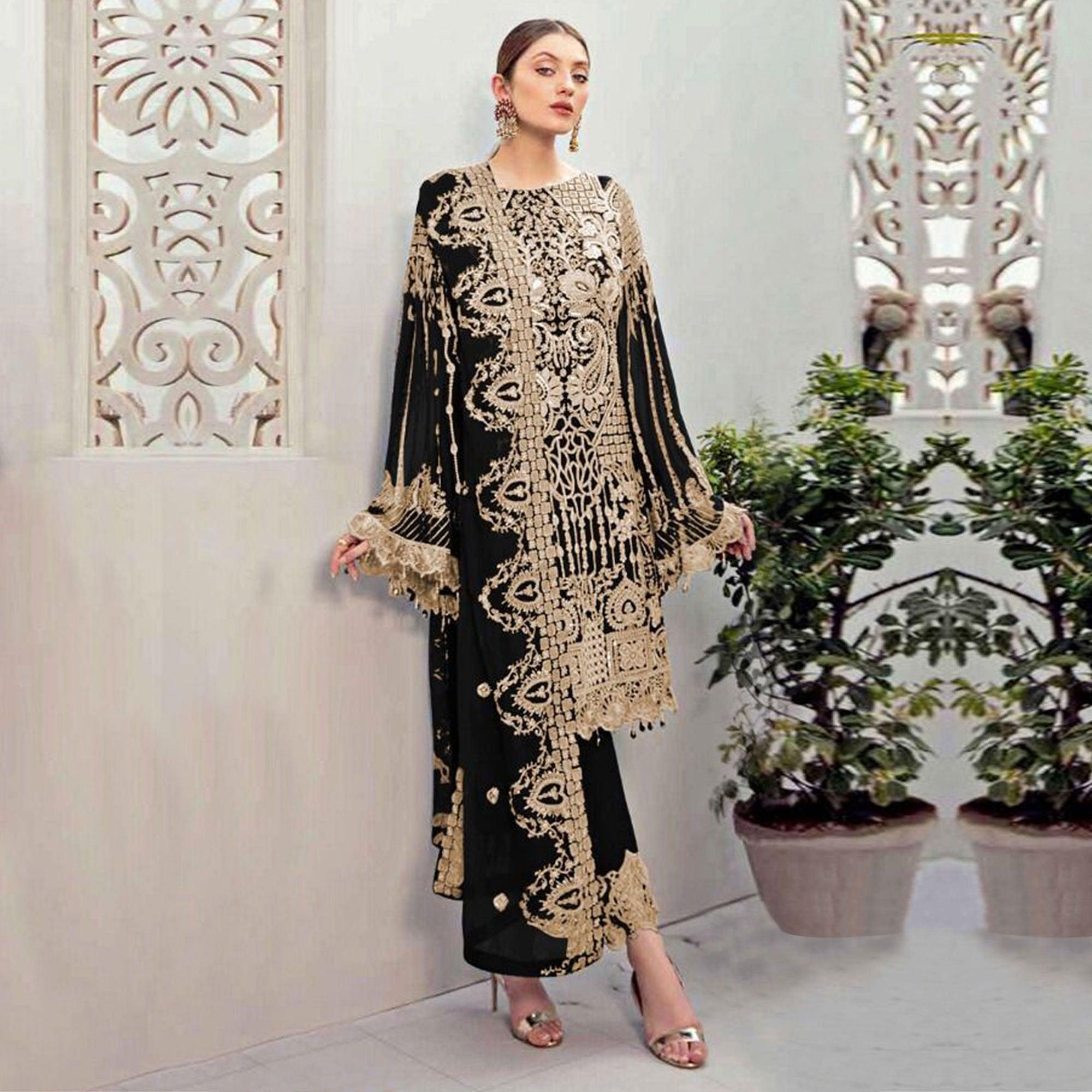 Black Partywear Embroidered Georgette Pakistani Suit - Peachmode