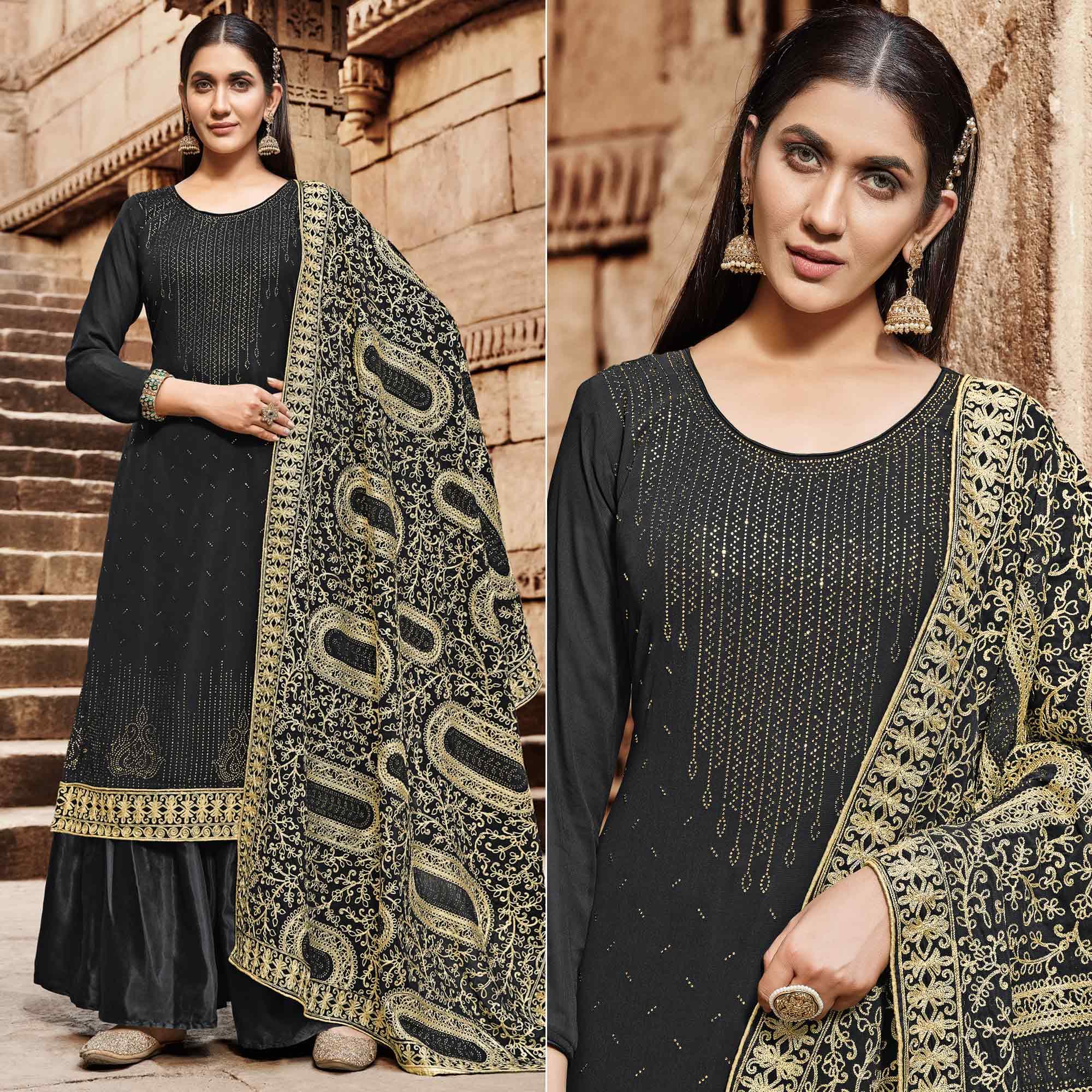 Black Partywear Embroidered Georgette Palazzo Suit - Peachmode