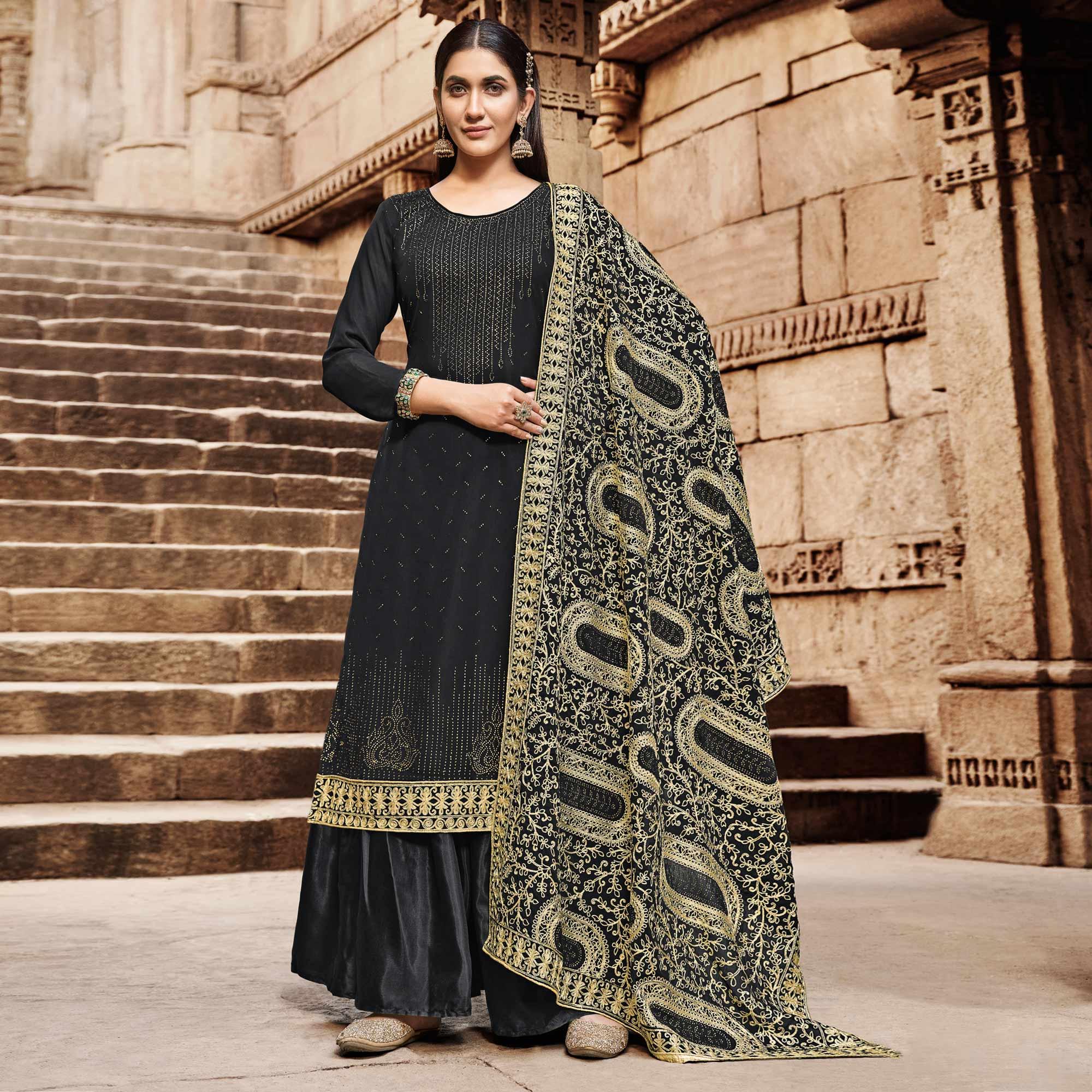 Black Partywear Embroidered Georgette Palazzo Suit - Peachmode