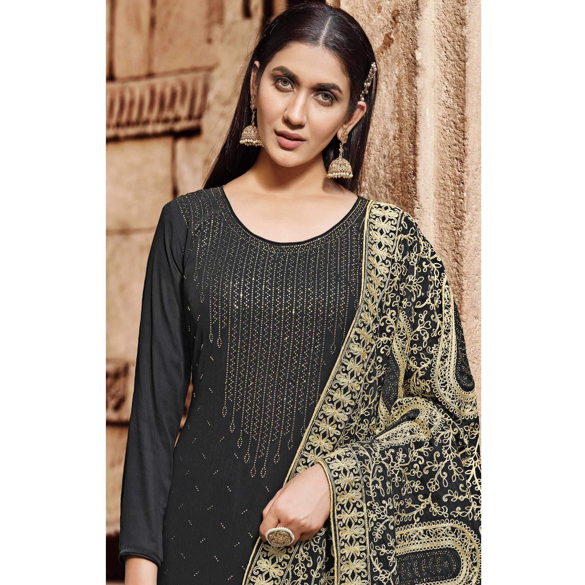 Black Partywear Embroidered Georgette Palazzo Suit - Peachmode