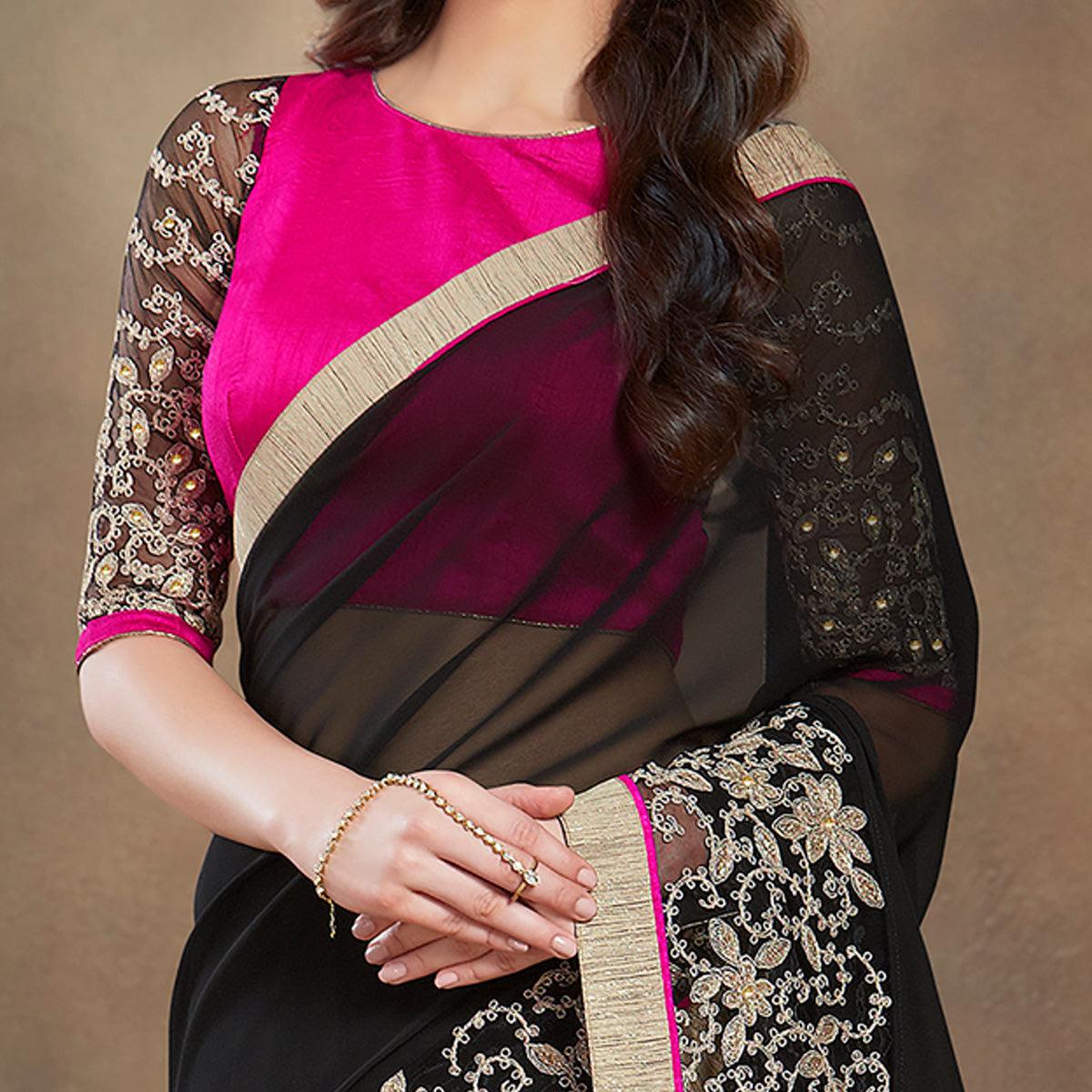Black Partywear Embroidered Georgette Saree - Peachmode