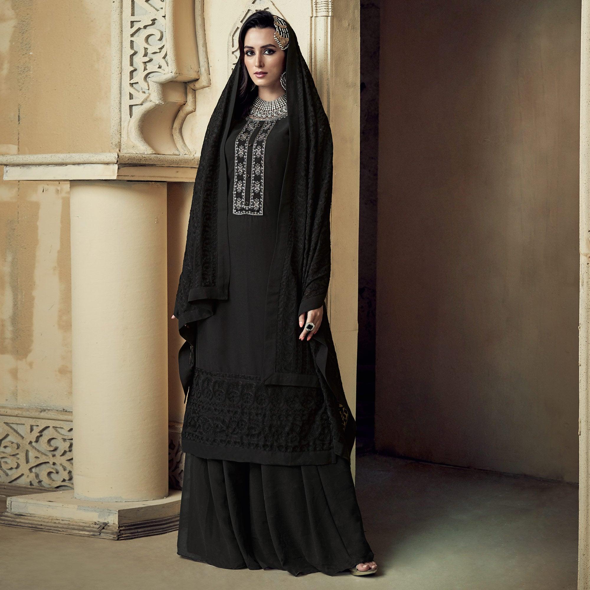 Black Partywear Embroidered Heavy Georgette Palazzo Suit - Peachmode