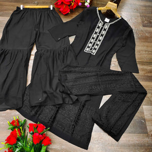 Black Partywear Embroidered Heavy Georgette Palazzo Suit - Peachmode
