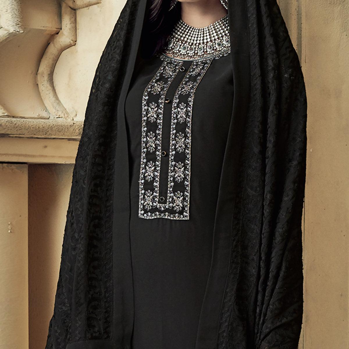 Black Partywear Embroidered Heavy Georgette Palazzo Suit - Peachmode