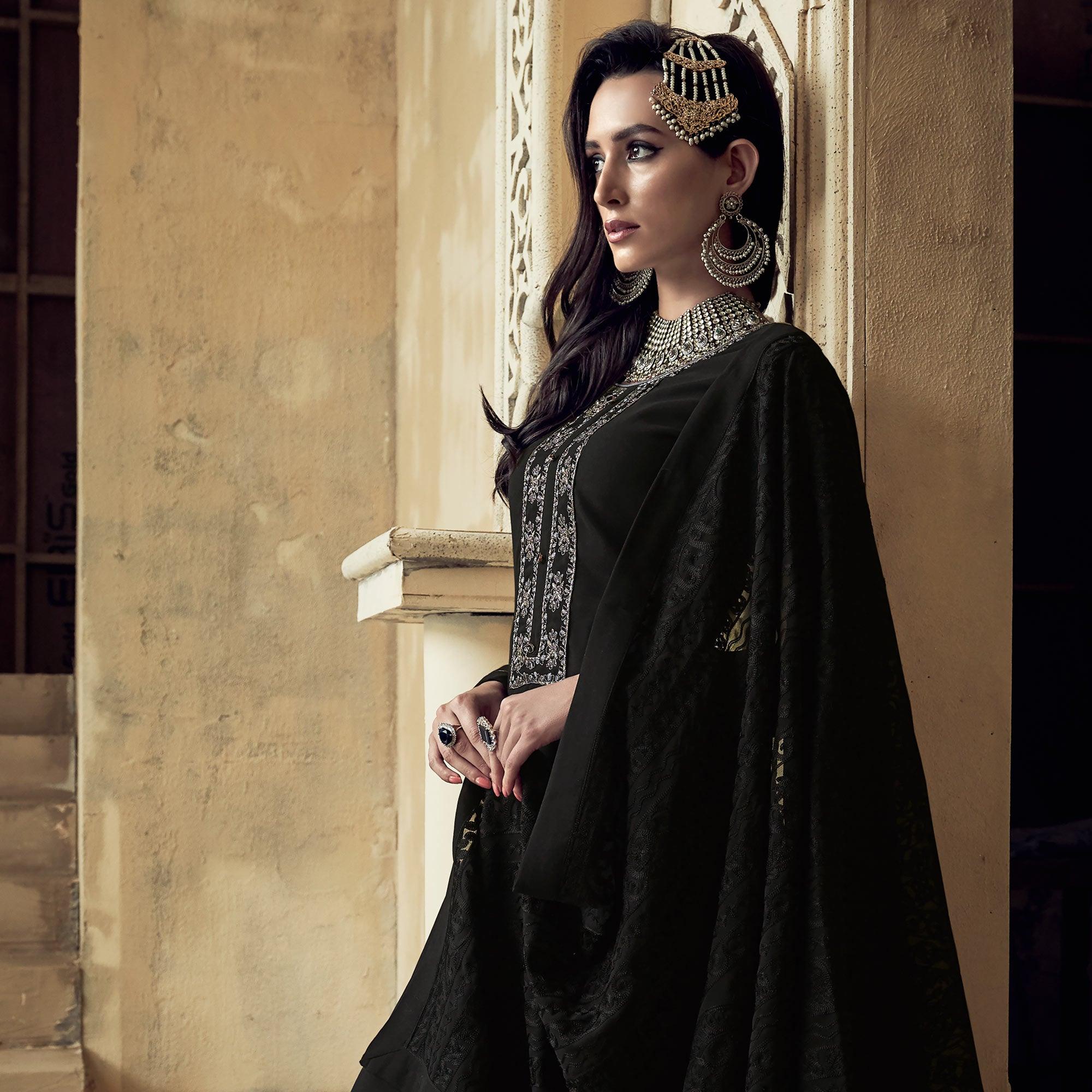Black Partywear Embroidered Heavy Georgette Palazzo Suit - Peachmode