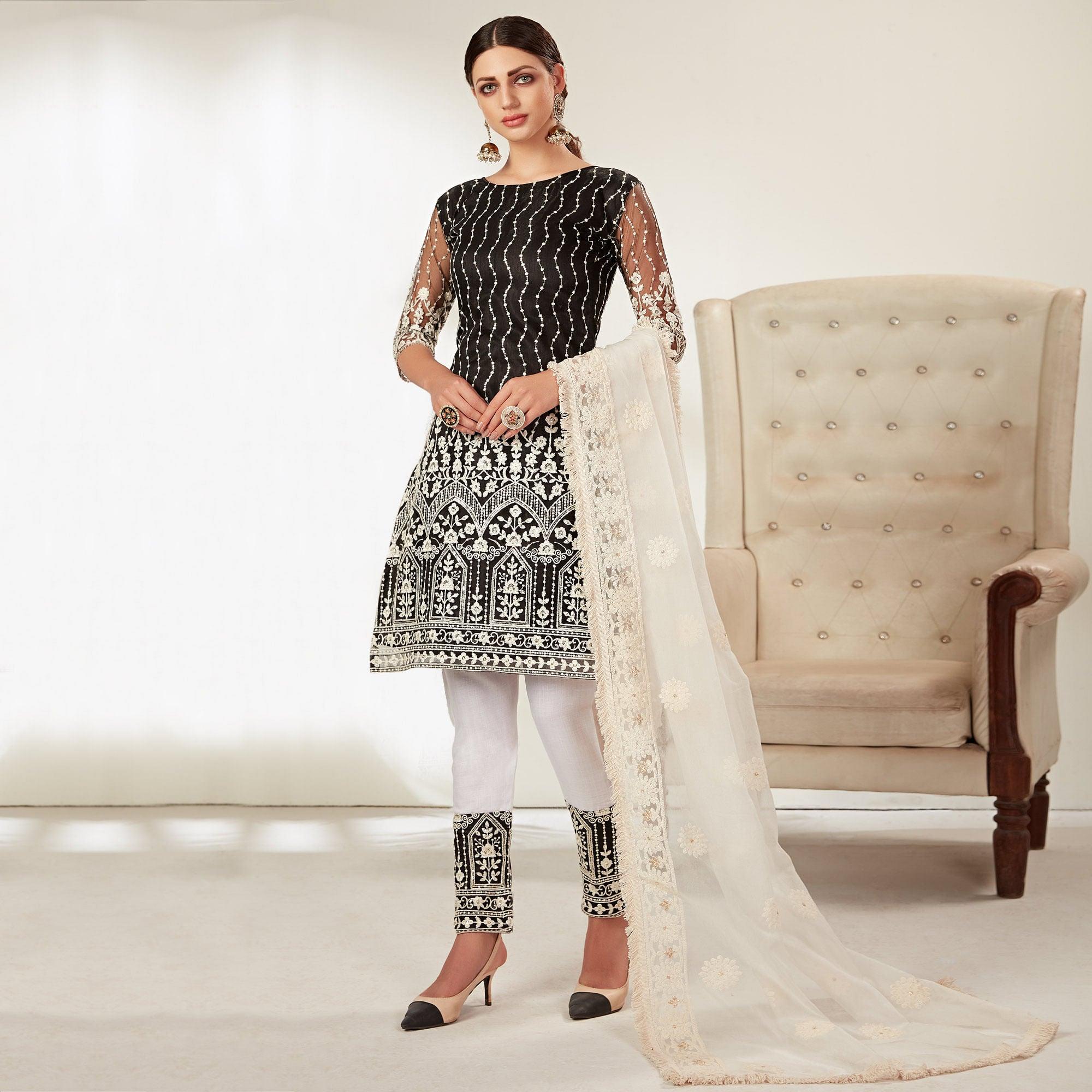 Black Partywear Embroidered Heavy Net Pakistani Suit - Peachmode