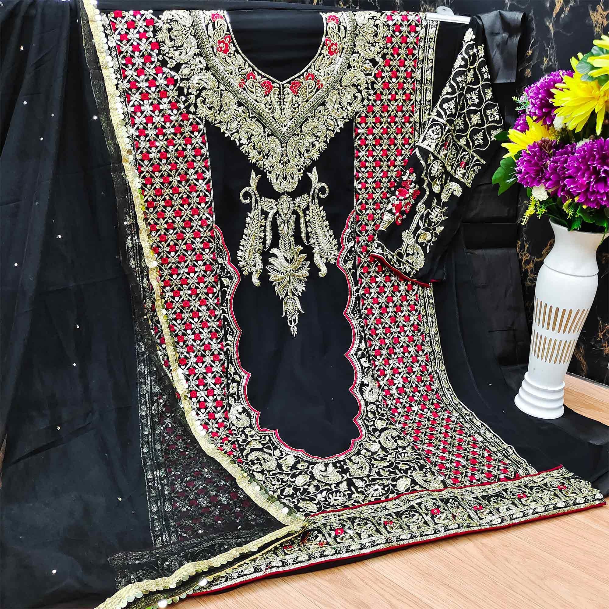 Black Partywear Embroidered Heavy Net Pakistani Suit - Peachmode