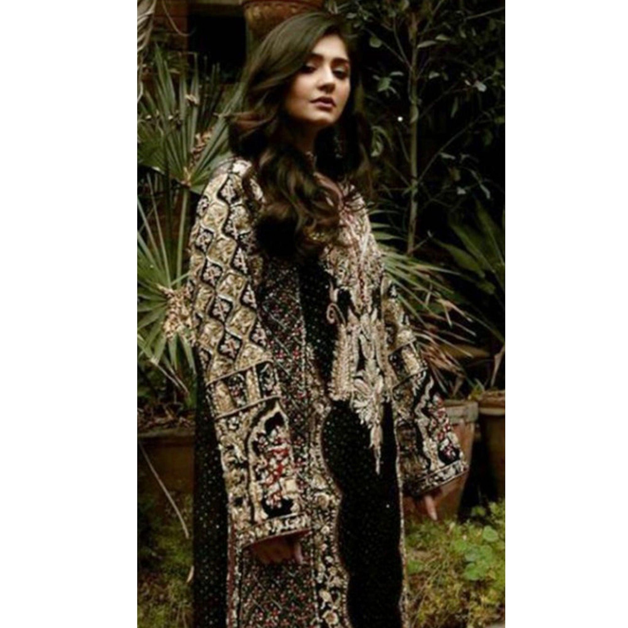 Black Partywear Embroidered Heavy Net Pakistani Suit - Peachmode