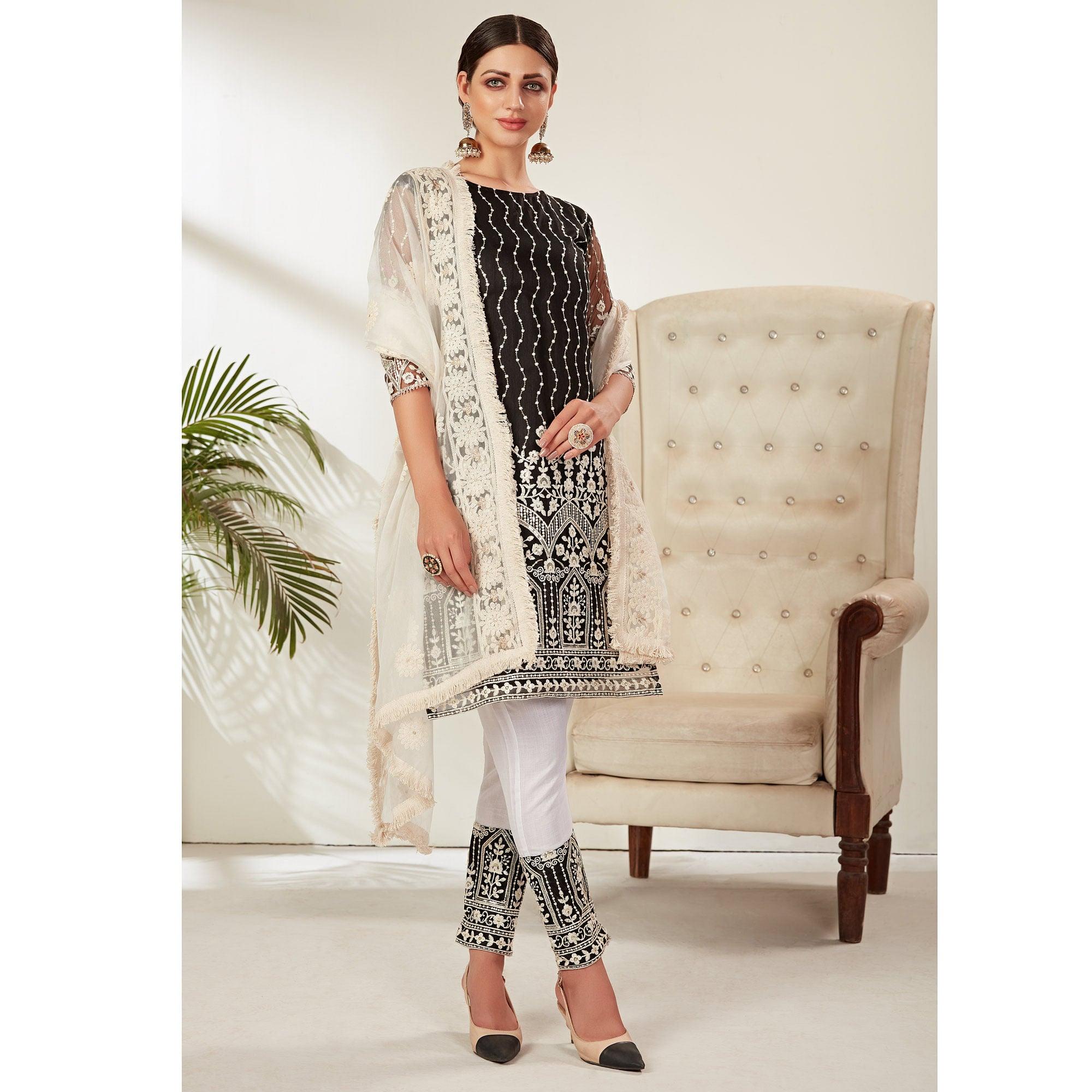 Black Partywear Embroidered Heavy Net Pakistani Suit - Peachmode