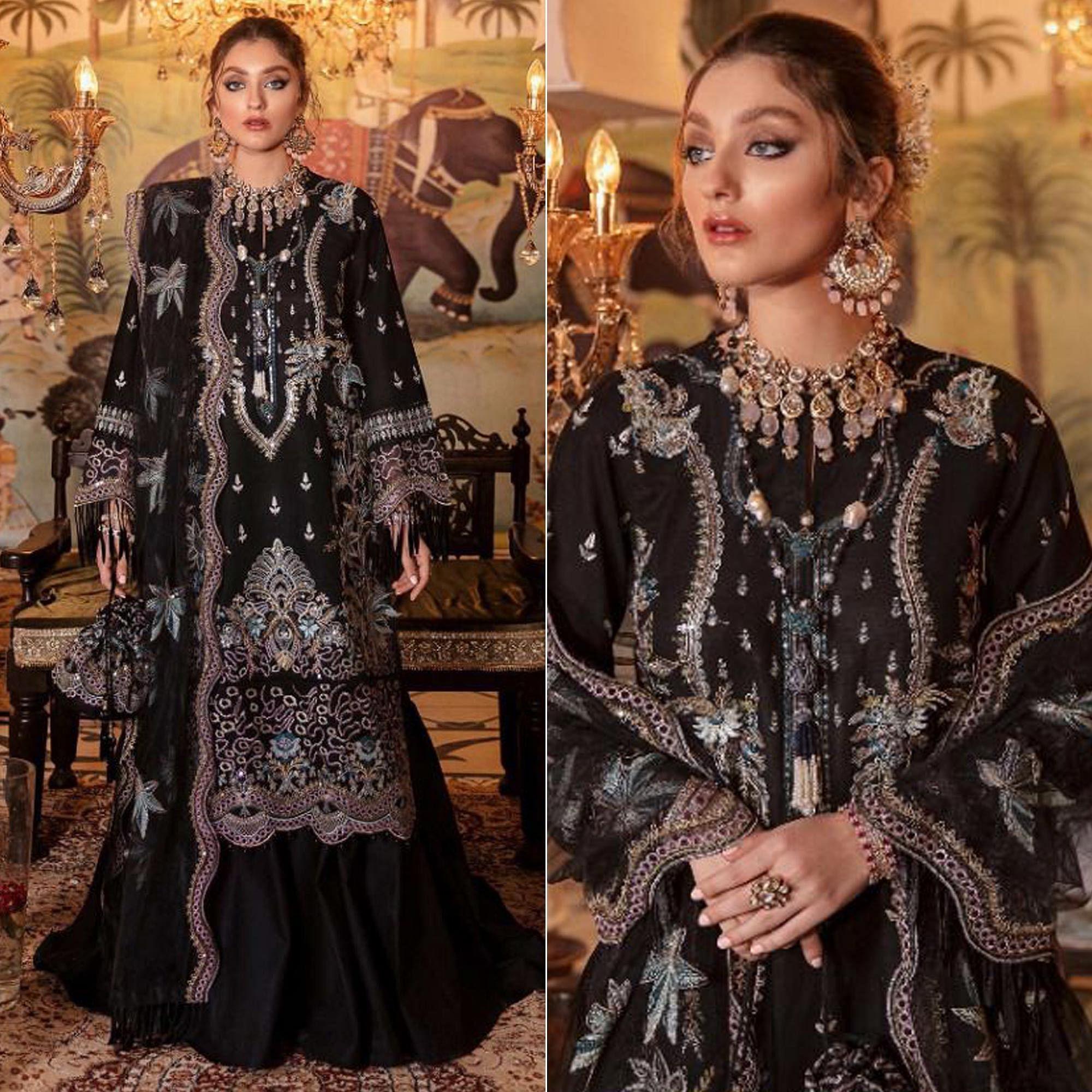 Black Partywear Embroidered Net Pakistani Suit - Peachmode
