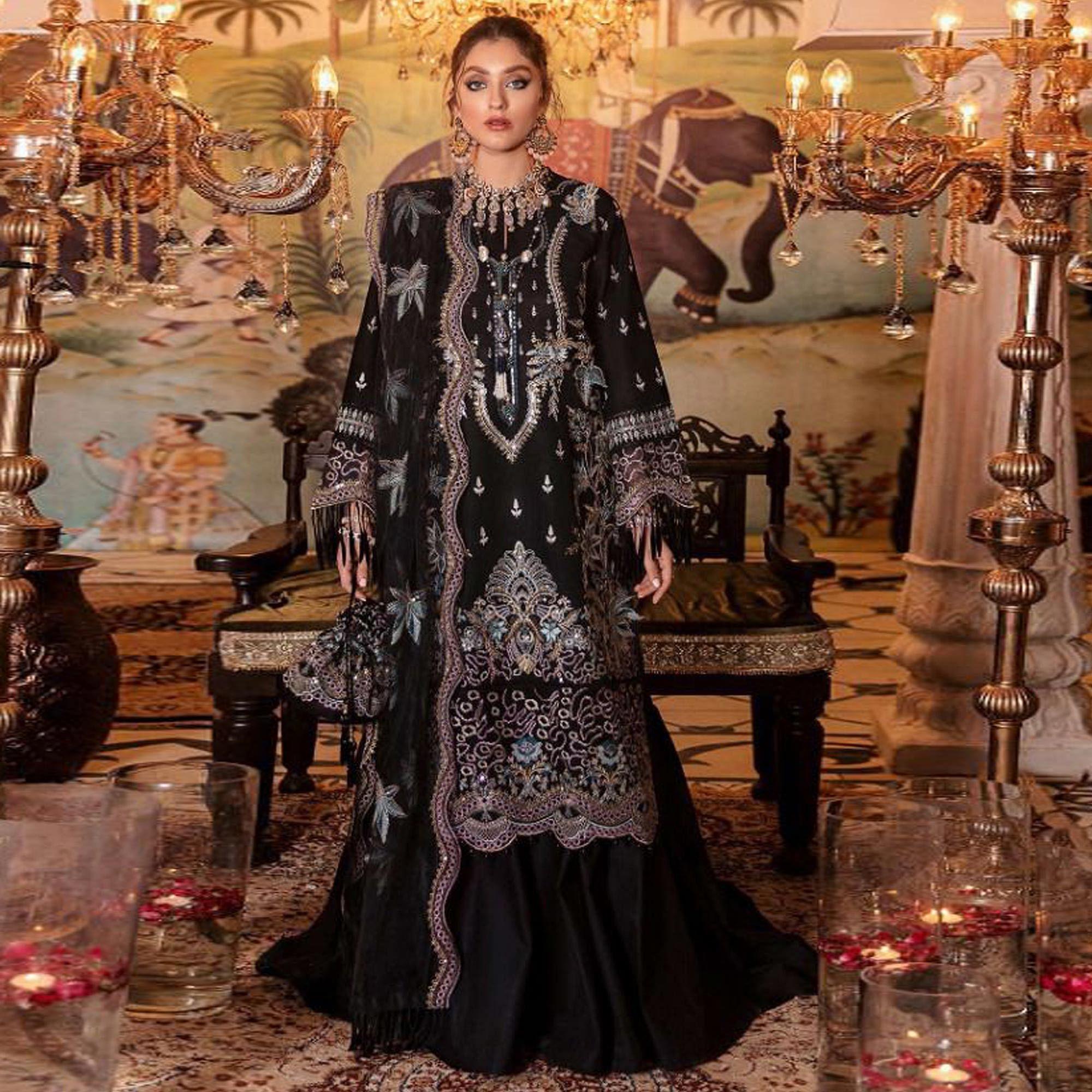 Black Partywear Embroidered Net Pakistani Suit - Peachmode